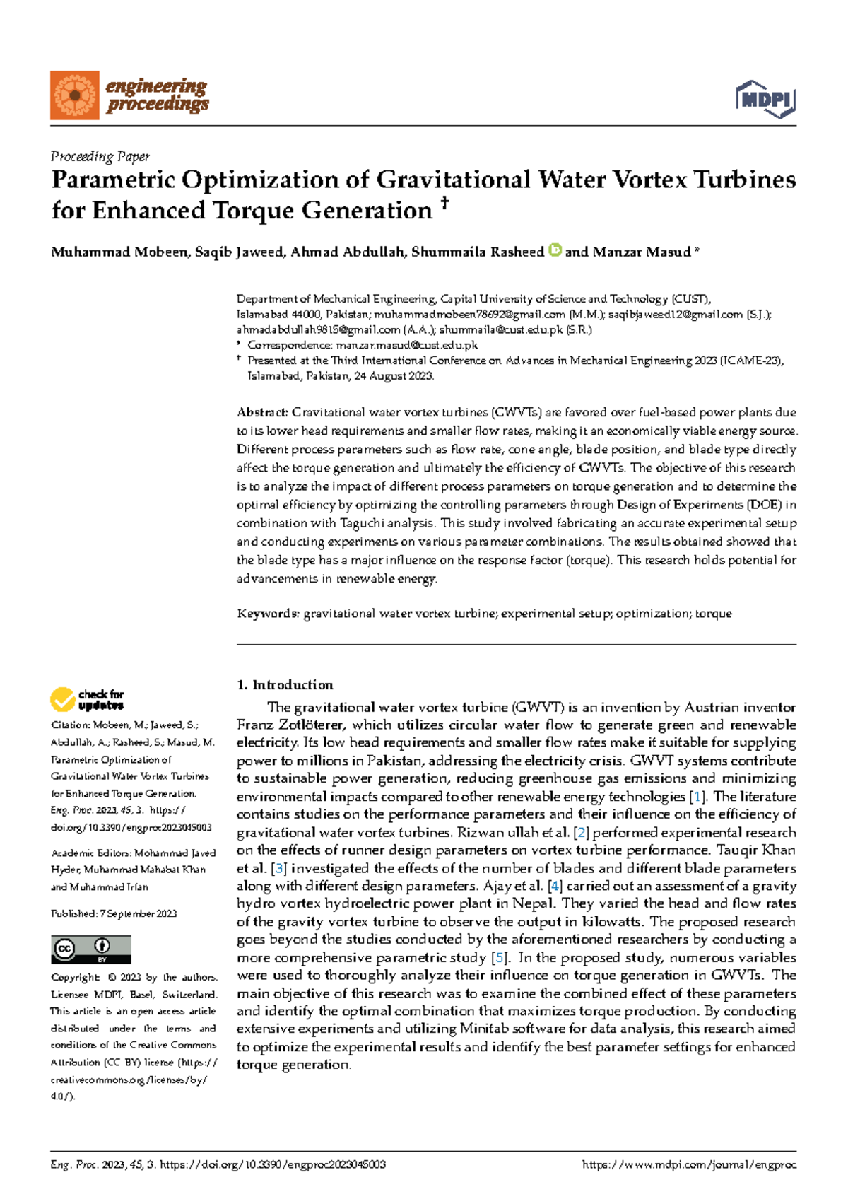 Engproc-45-00003 - Reviewer - Citation: Mobeen, M.; Jaweed, S ...