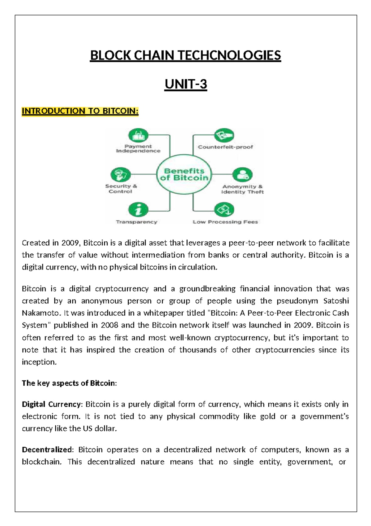 Blockchain Technologies: Introduction to Bitcoin (Unit 3) - Studocu