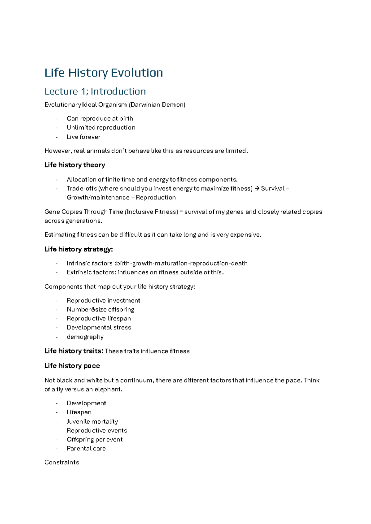 Evolutionary Biology Lecture Notes: Life History Strategies and Ageing ...