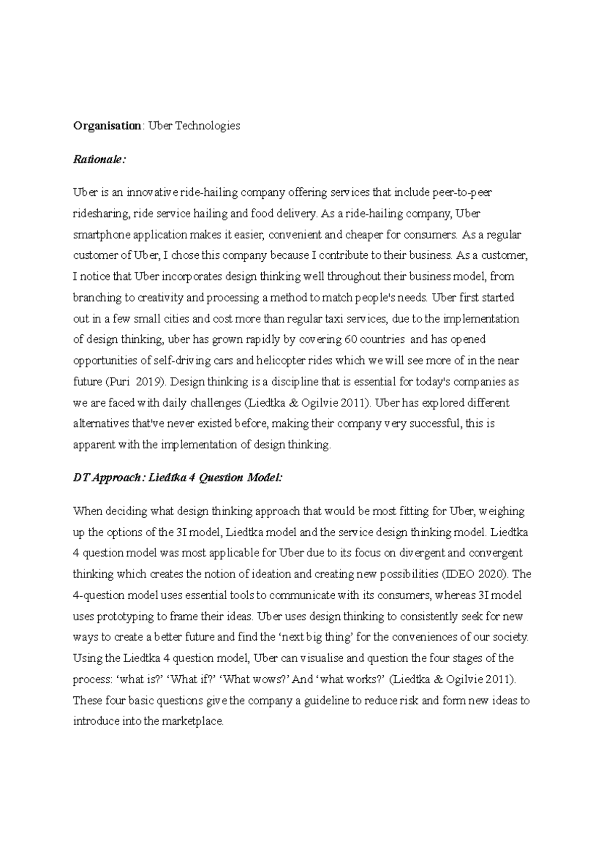 Design Thinking Proposal Organisation Uber Technologies Rationale