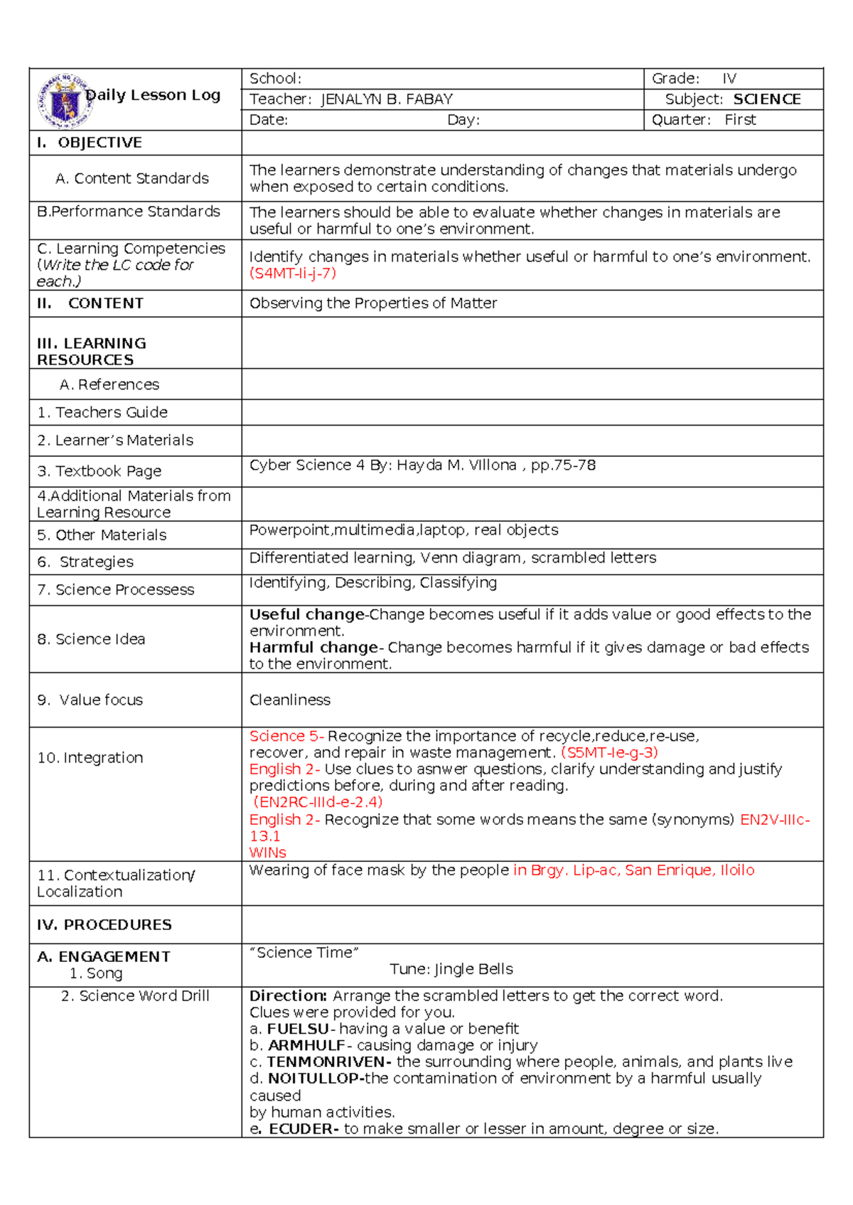Lesson Plan in Science IV: Understanding Material Changes - Studocu