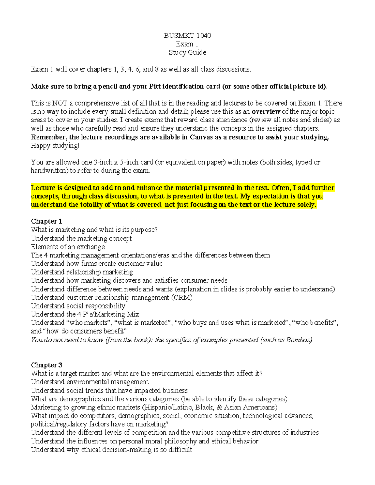 BUSMKT 1040 Exam 1 Study Guide: Key Topics from Chapters 1, 3, 4, 6, 8 ...