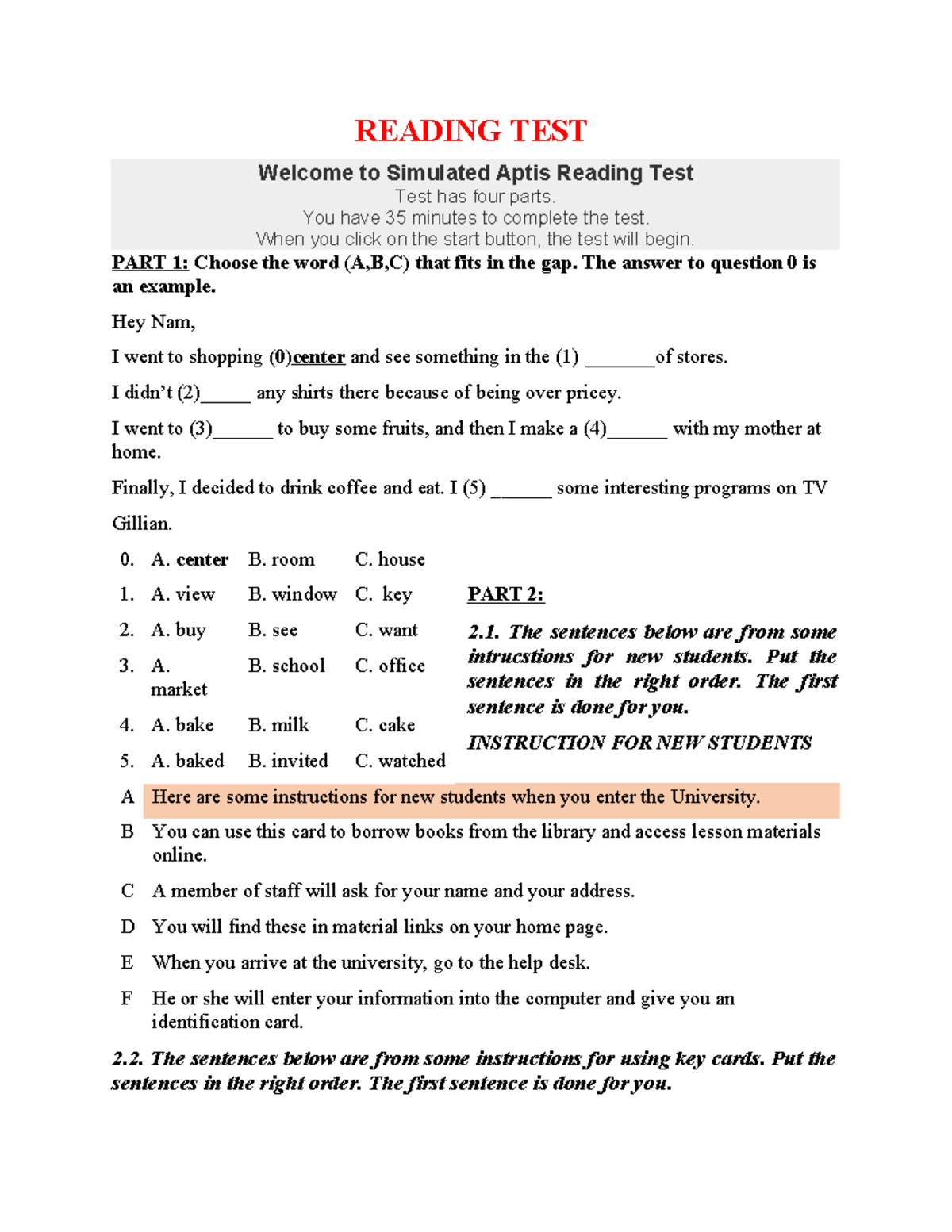 Reading Test - Summary of Aptis Auditing & Assurance Services - Studocu
