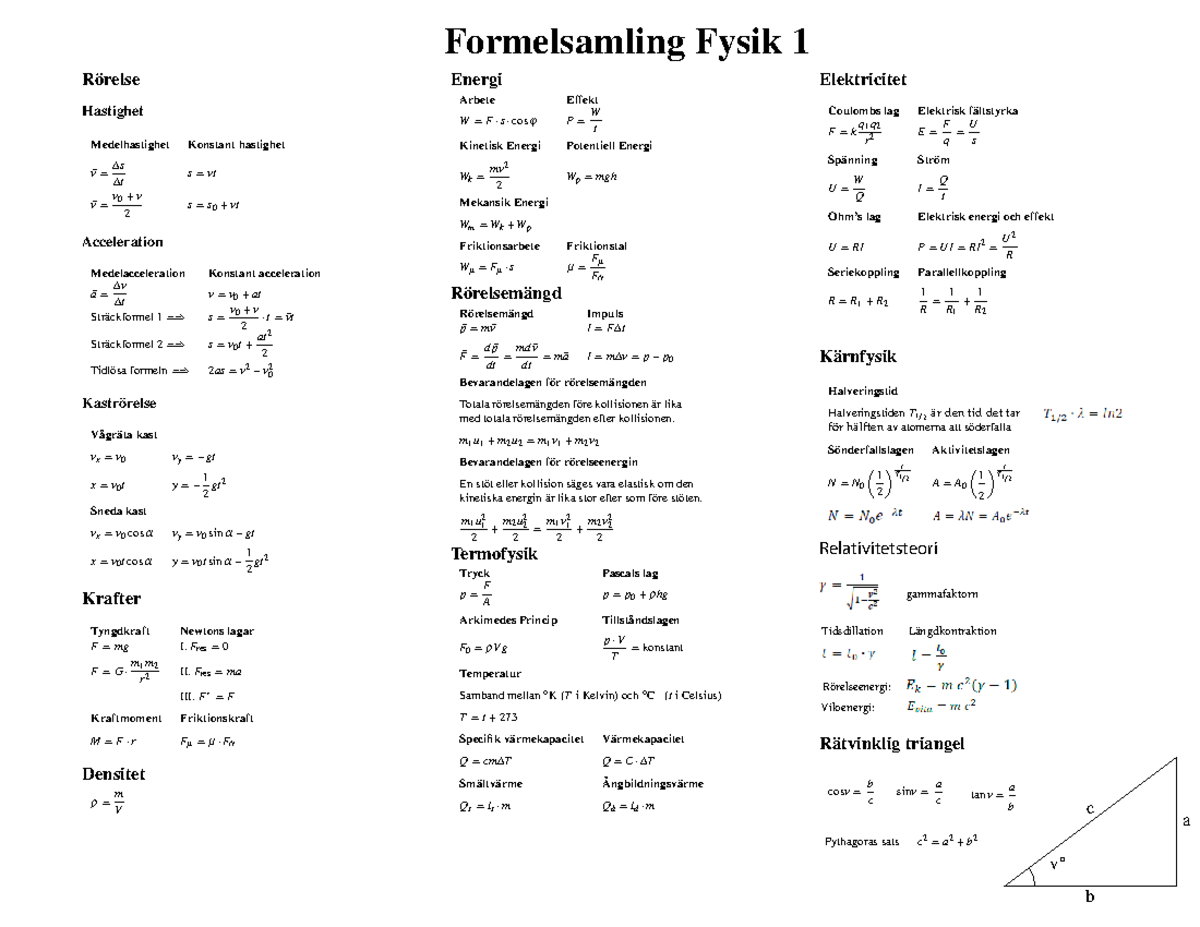 Formelsamling i Fysik 1 - Formelblad-3 (JKKL) - Studocu