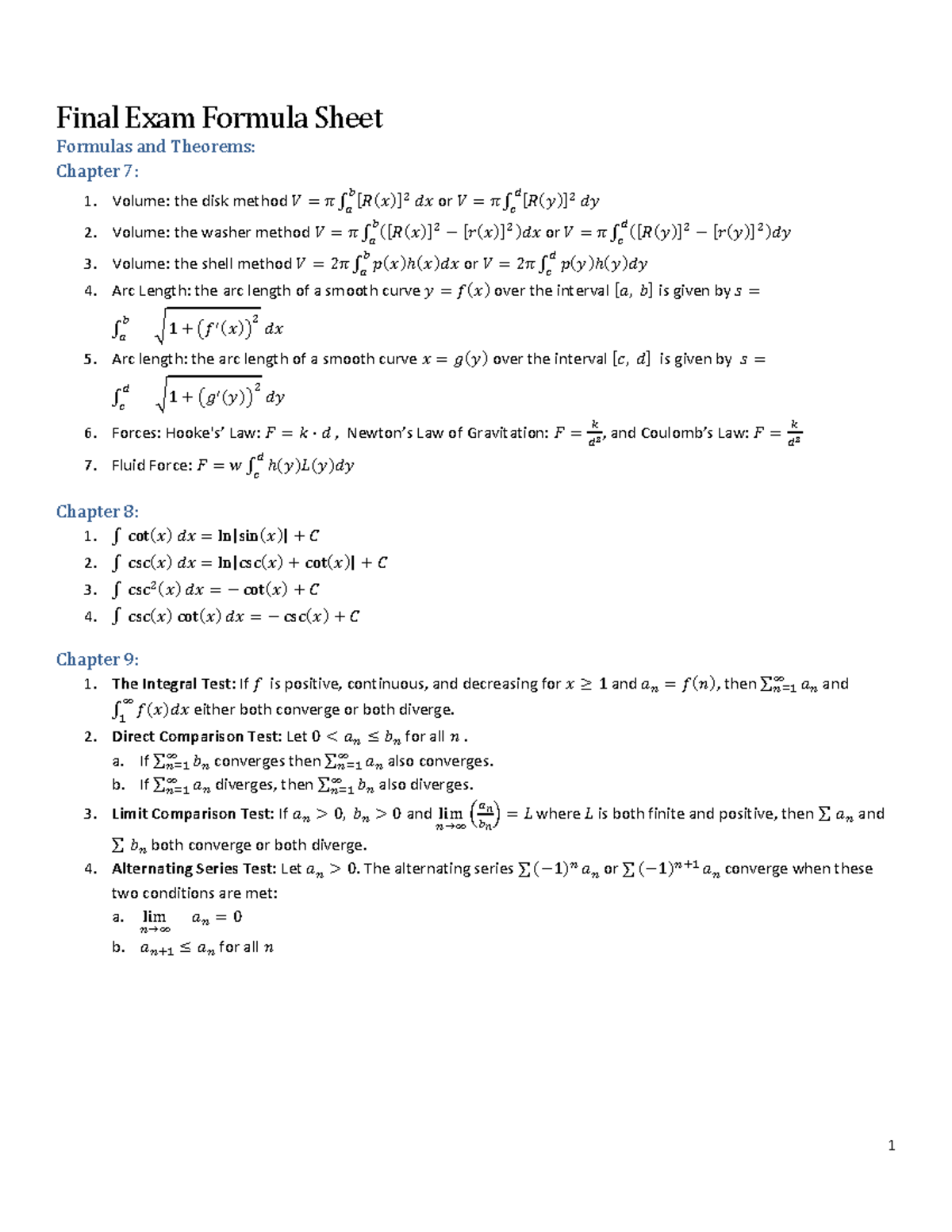 Math 141 Final Exam Formula Sheet: Volume, Arc Length & Tests - Studocu