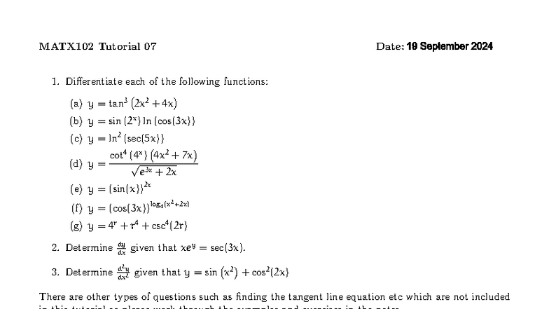 MATX102 Tutorial 07 - Differentiation Problems and Exercises - Studocu