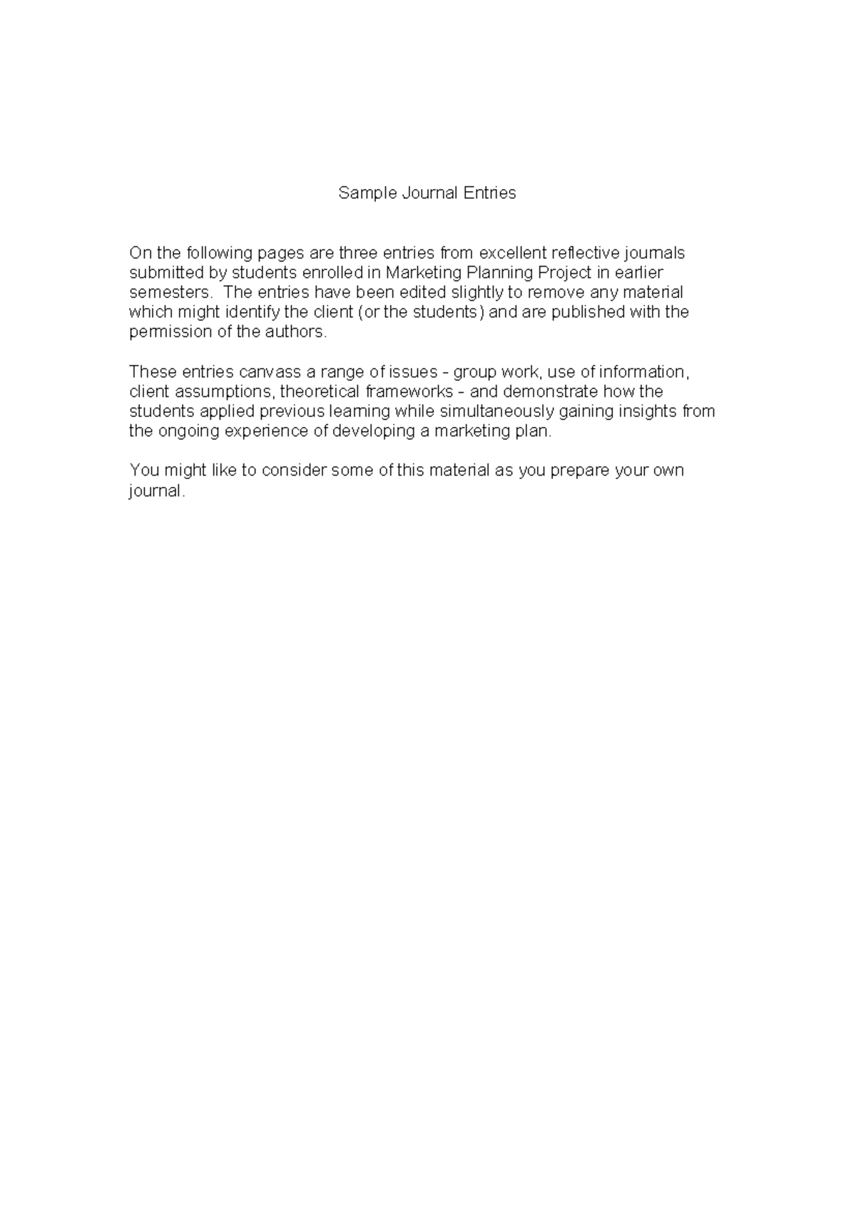 Reflective Journal Entries for MKTG 301: Marketing Planning Project ...