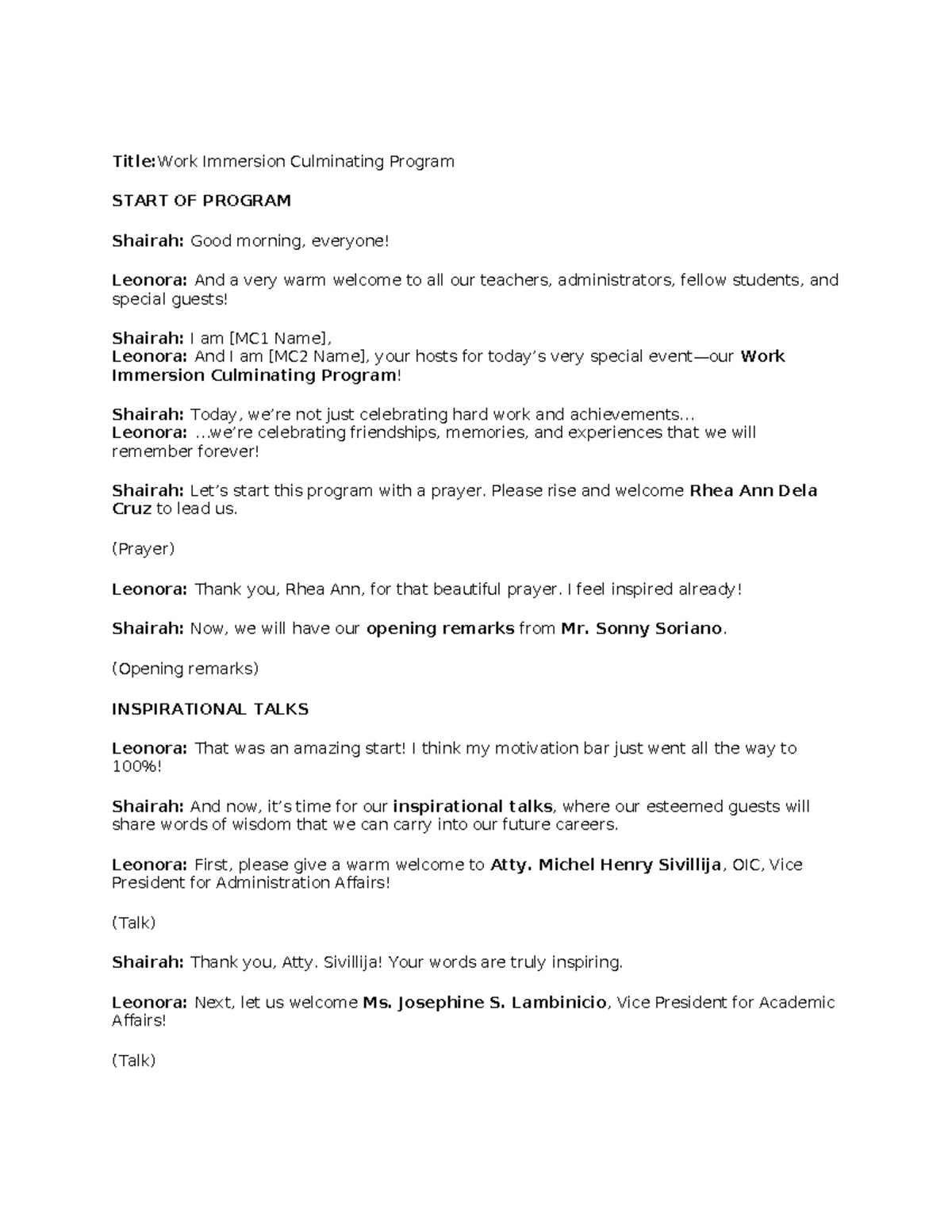 Work Immersion Culminating Program Script - Studocu