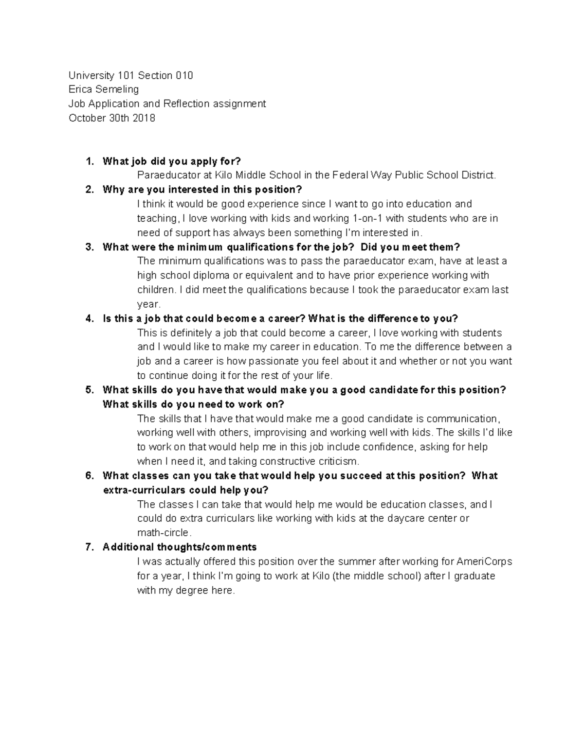 Job Application and Reflection - UNIV 101 - University 101 Section 010 ...