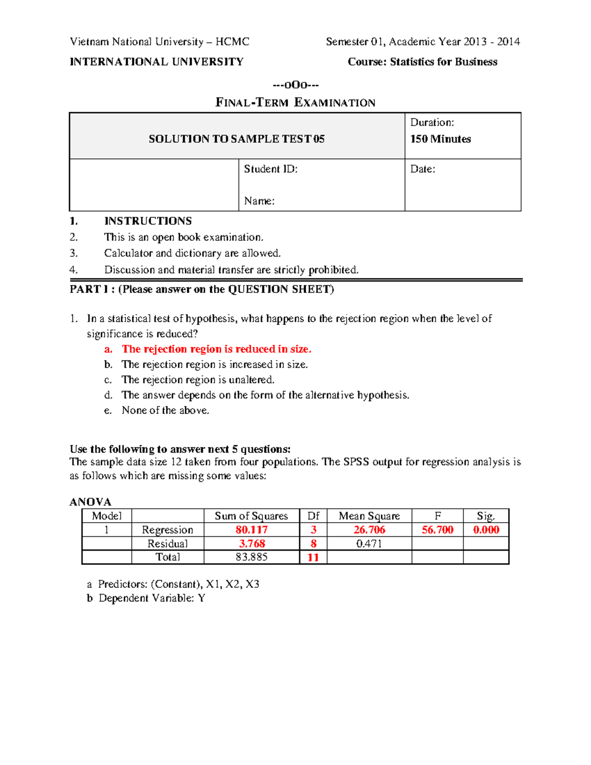 Statistics FALL2013 - Solutions for Final Exam Sample Test 05 - Studocu