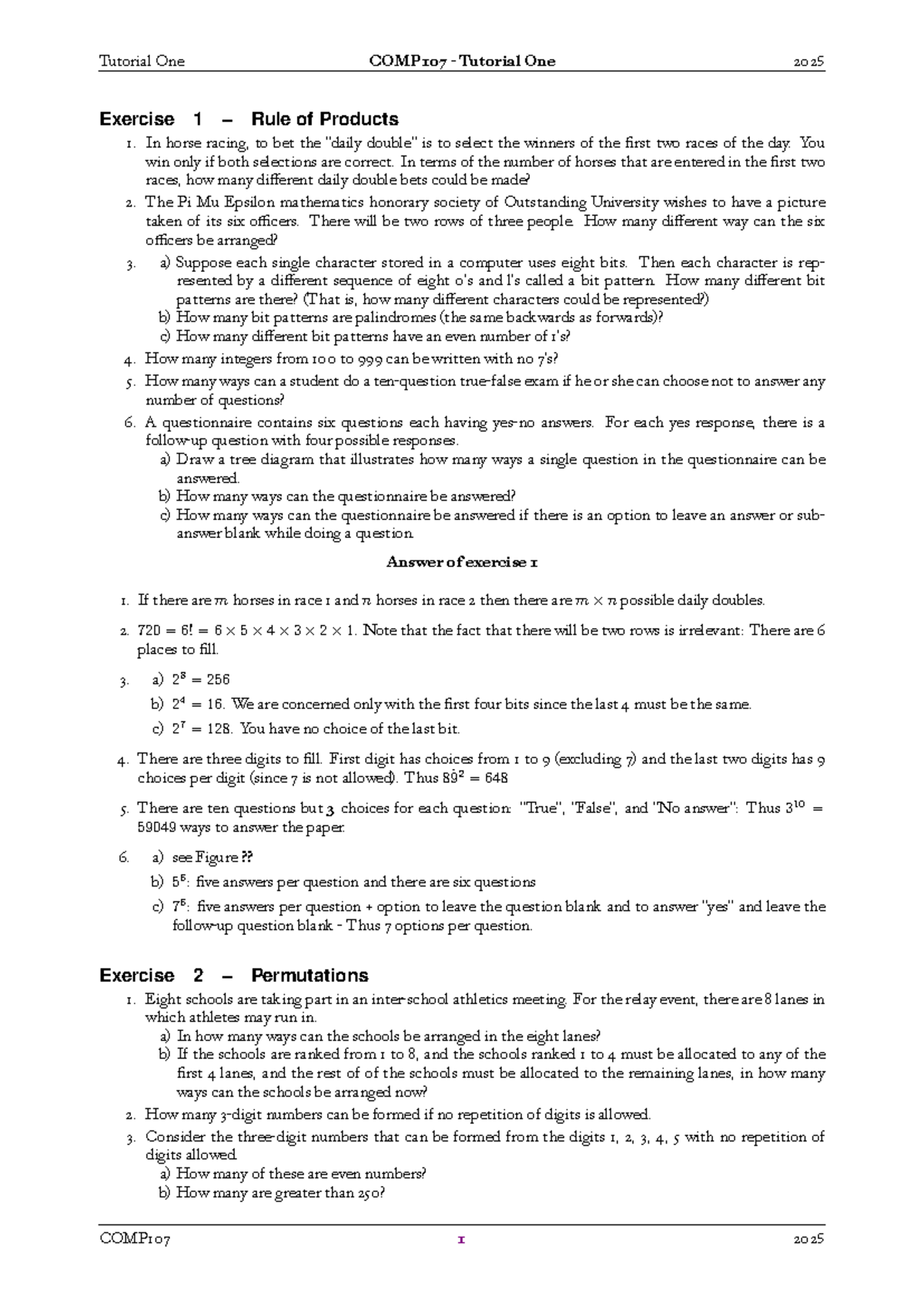 COMP107 Tutorial One Exercise Solutions 2025 - Studocu