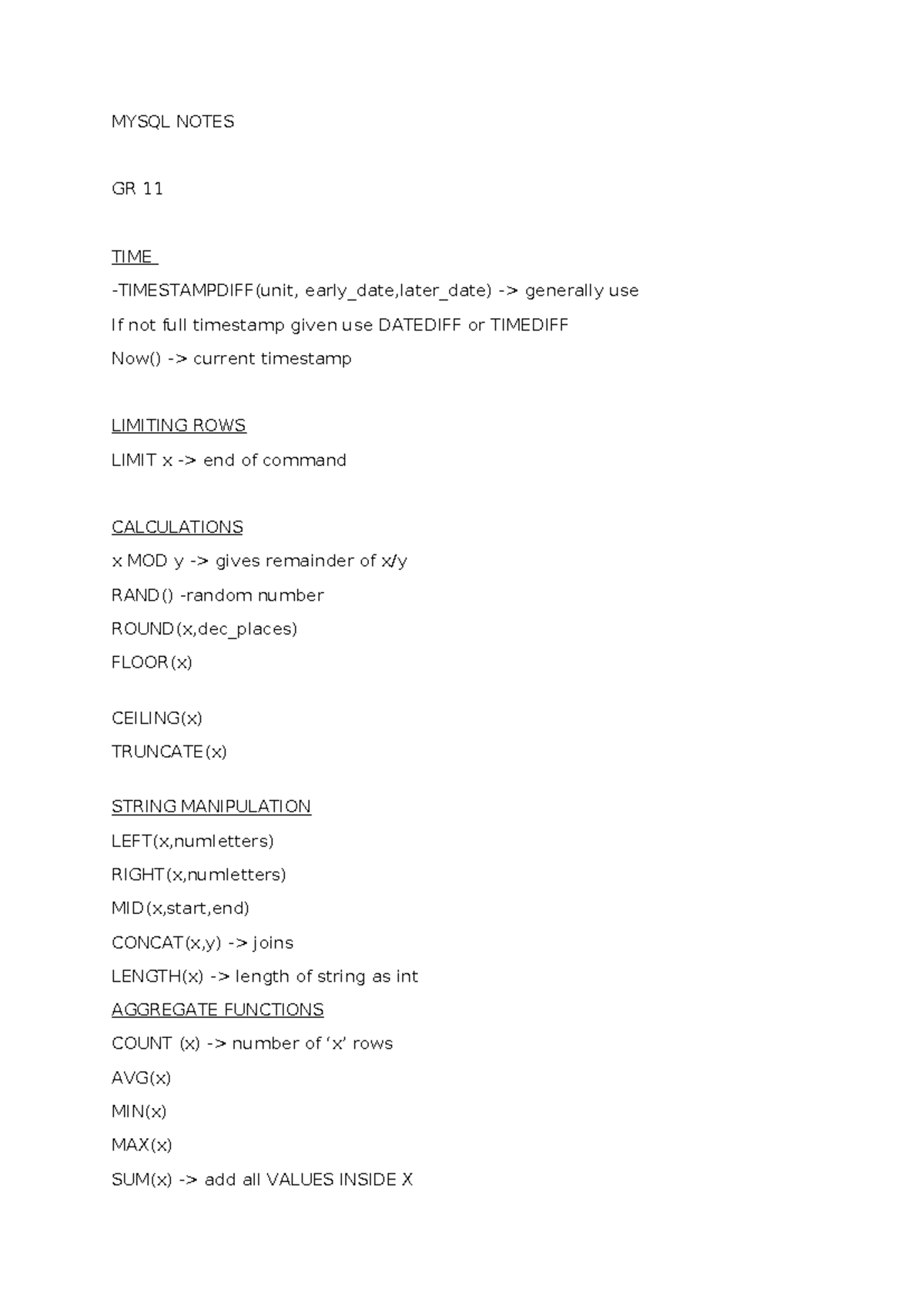 Gr 11 IEB - SQL Notes: Key Functions & Calculations - Studocu