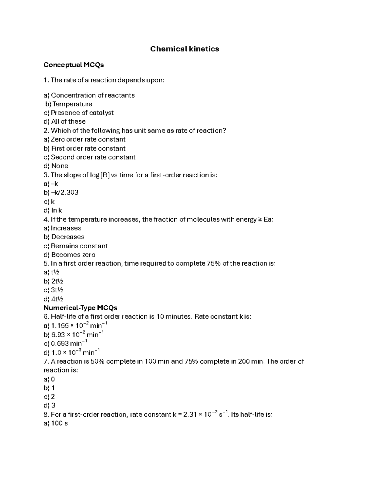Chemical Kinetics (CHEM 101) Practice MCQs and Questions - Studocu