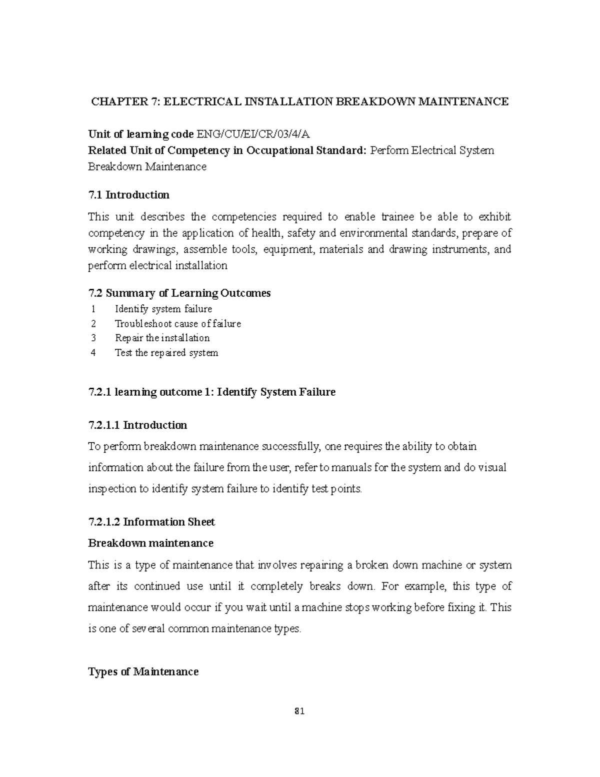 ENG/CU/EI/CR/03/4/A Breakdown Maintenance and Electrical Installation ...