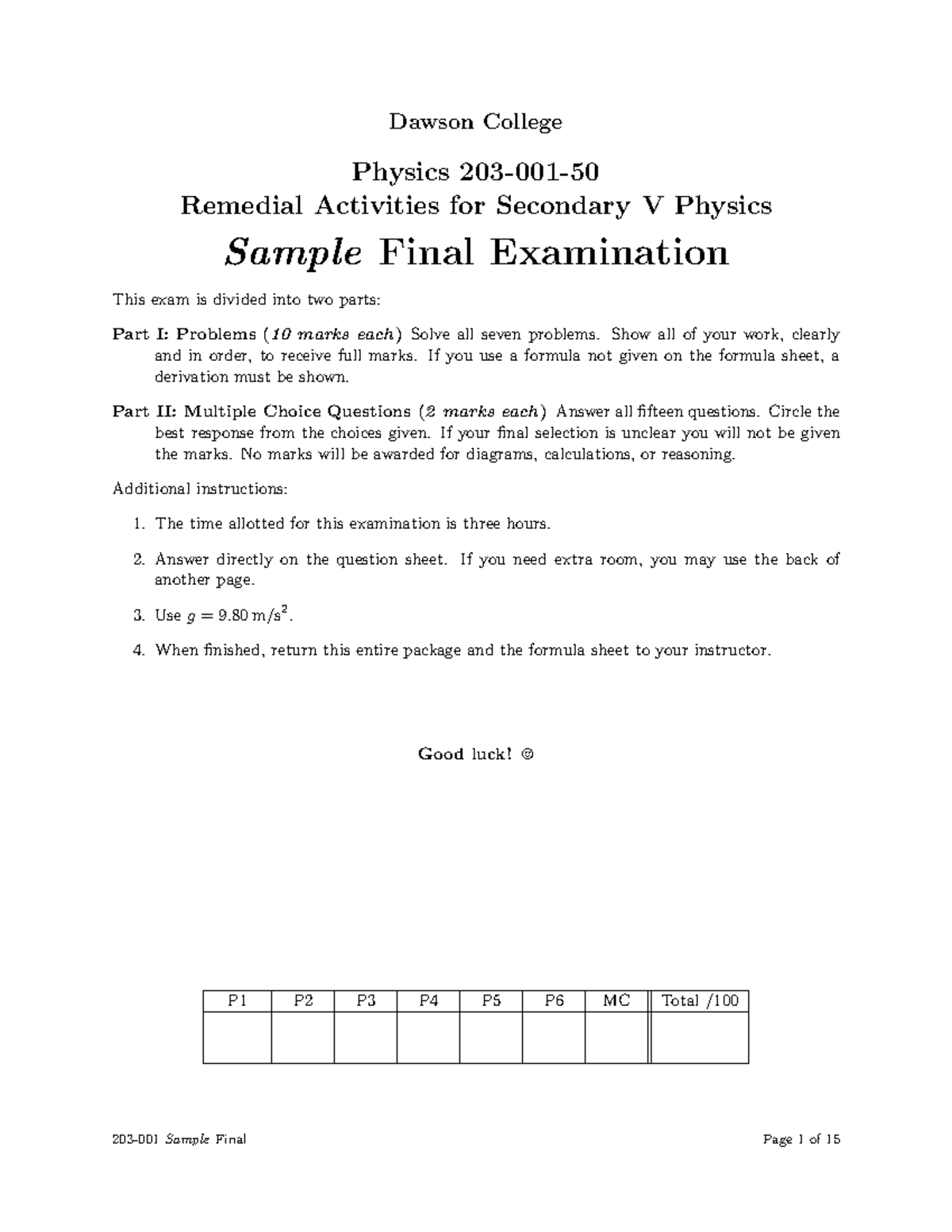 Dawson College PHYS 501 Sample Final Exam: Remedial Activities for Sec ...