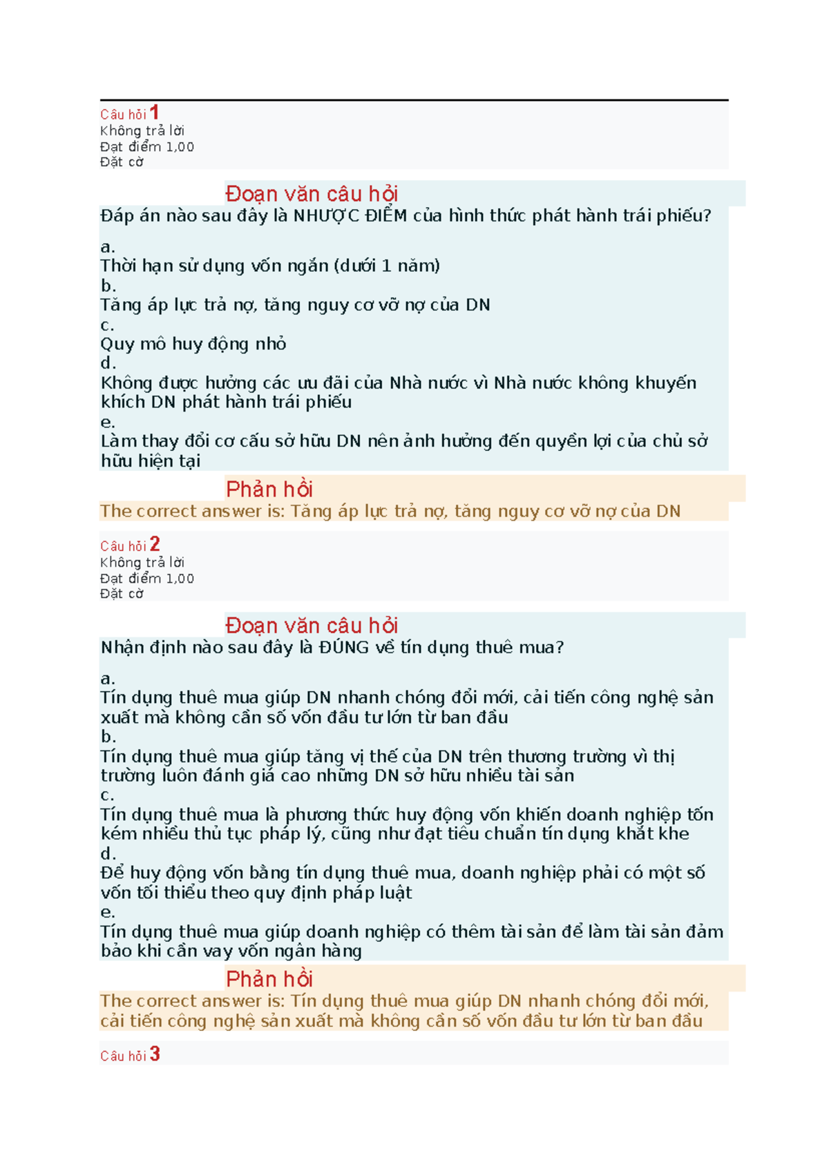 Câu hỏi TN chương 5 về nguồn vốn và tín dụng doanh nghiệp - Document Preview