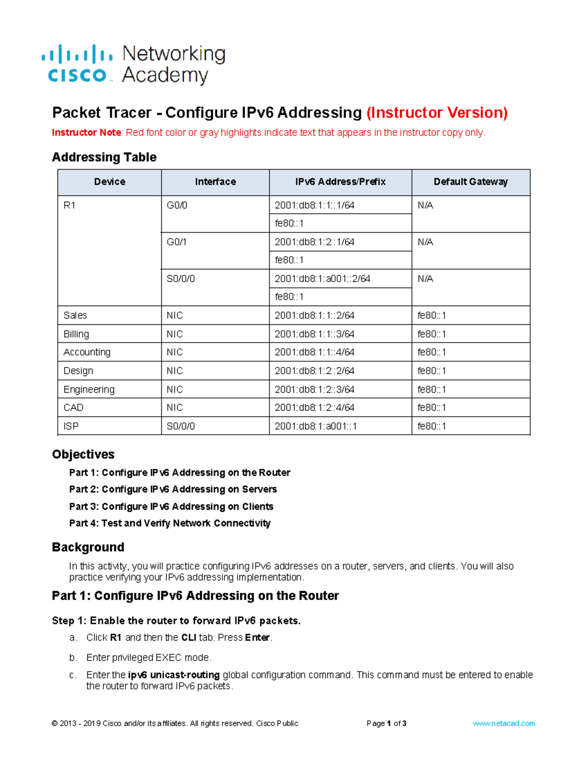 12.6.6 Packet Tracer - Configuring IPv6 Addressing for ILM - Studocu
