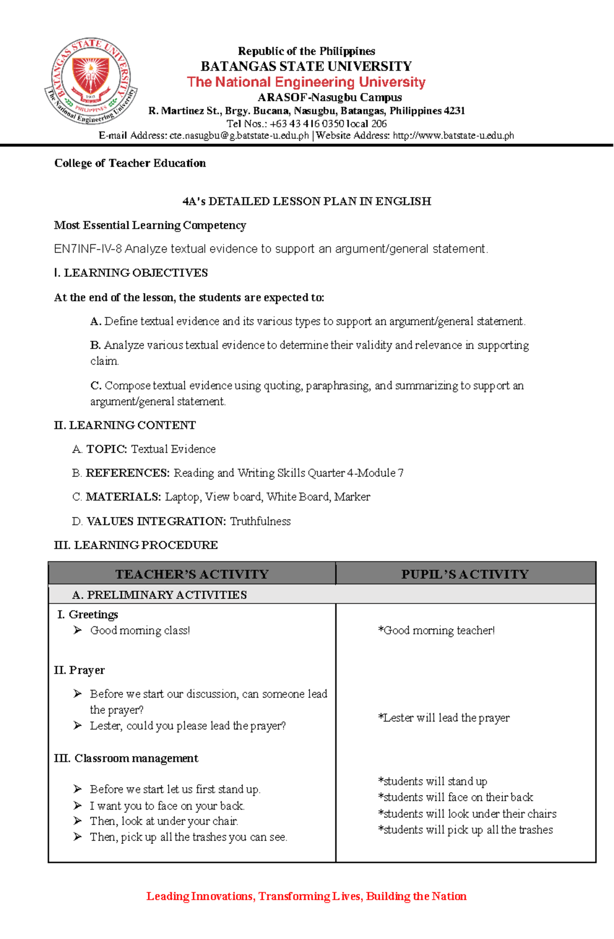 Detailed Lesson Plan on Textual Evidence (EN7INF-IV-8) - Studocu