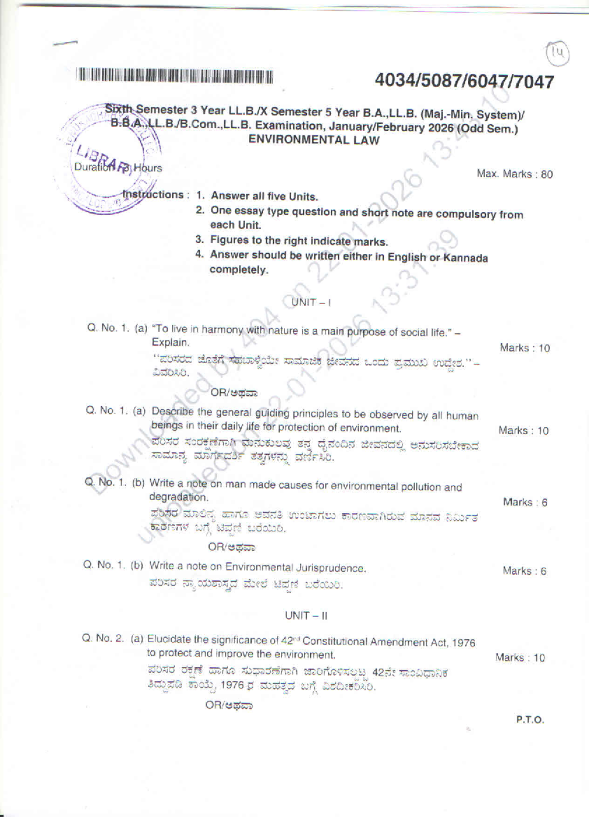 B.A.,LL.B. 5th Sem. Environmental Law Exam Paper - Jan 2026 (80 Marks) - Document Preview