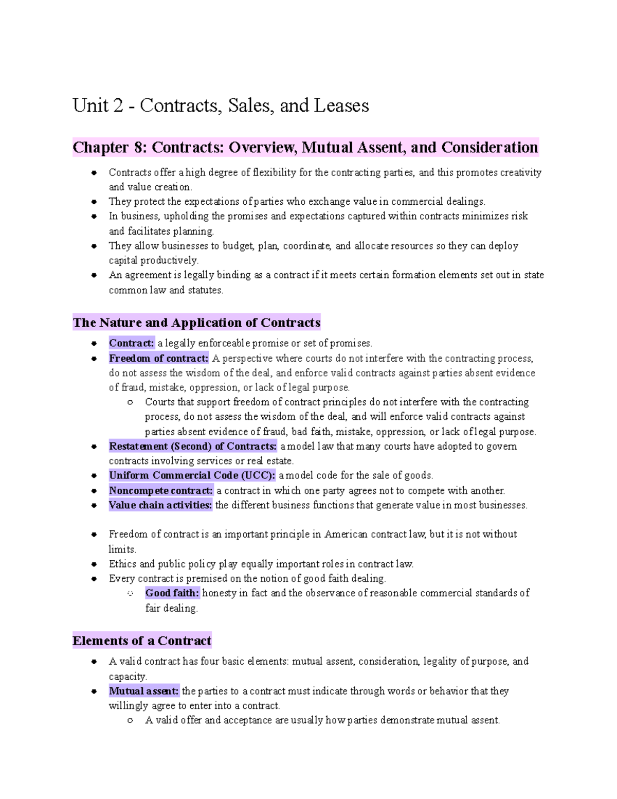 Unit 2 - Contracts, Sales, and Leases: Overview & Key Principles - Studocu