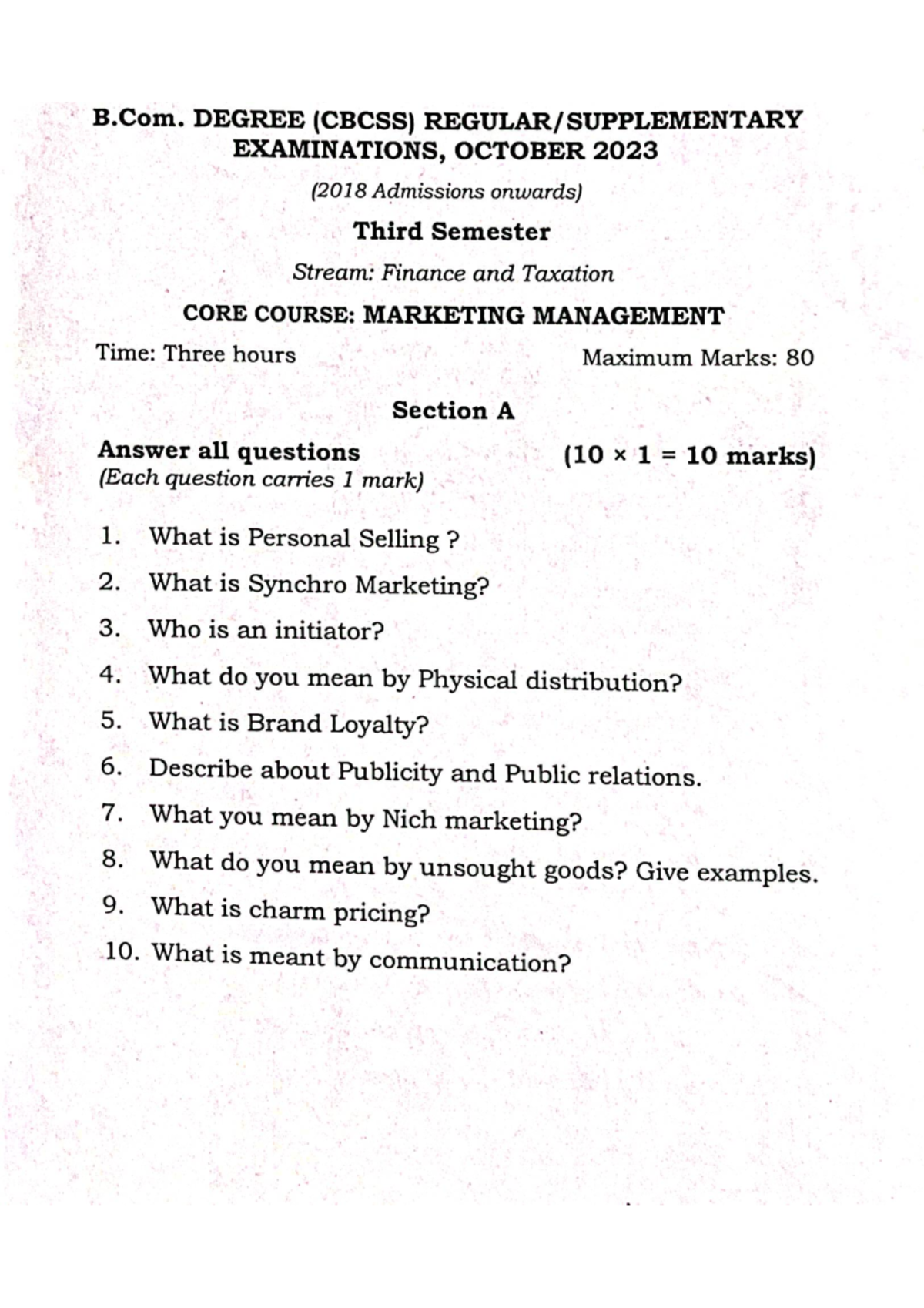 Marketing Management P.Y. Qs: Previous Year Question Paper - Studocu