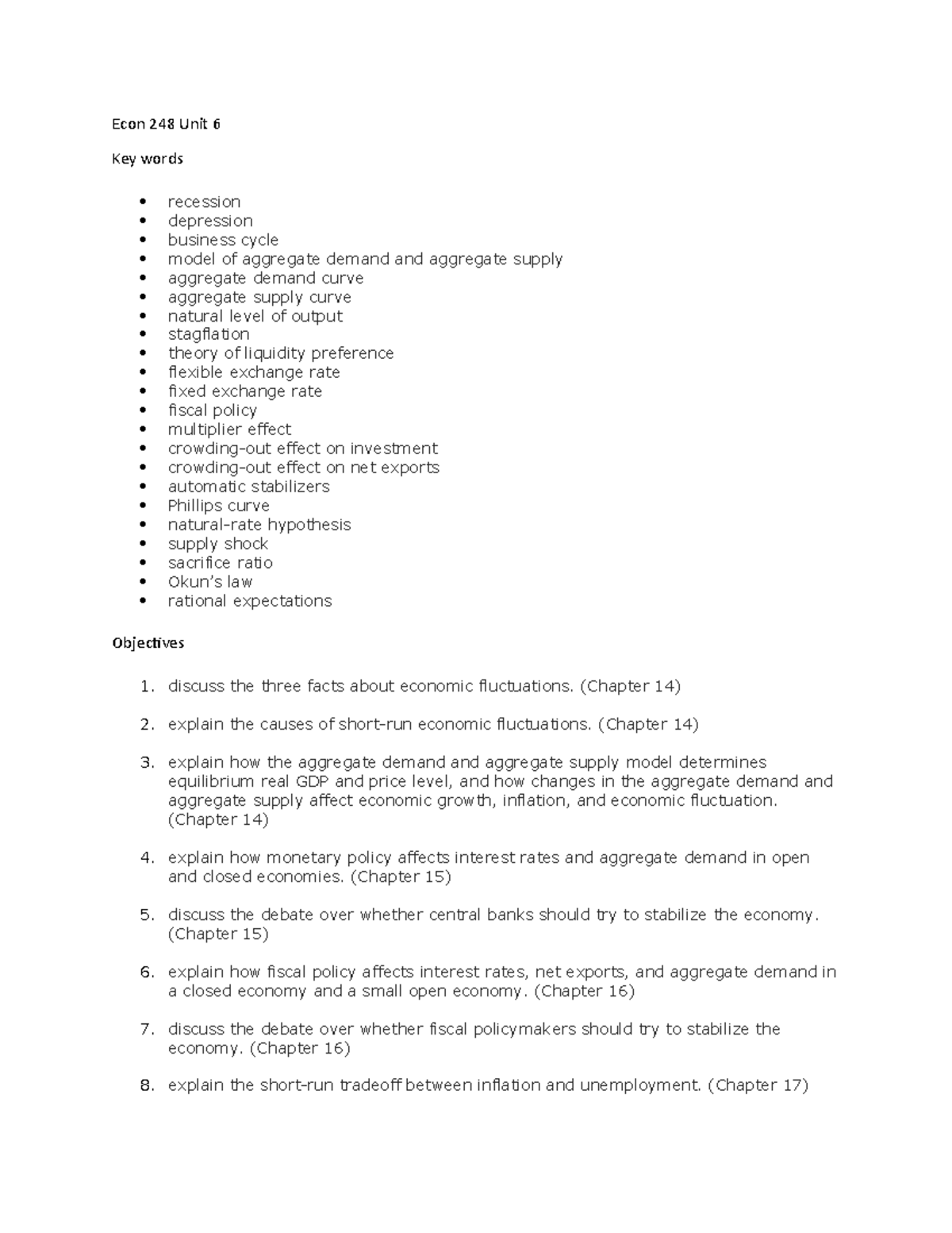 Econ 248 Unit 6 - Notes on Economic Fluctuations and Policies - Studocu