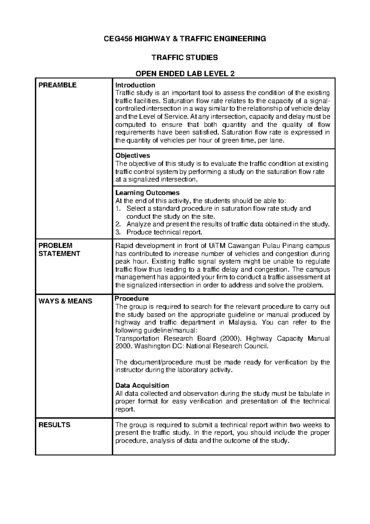 OEL CEG456 Level 2 Traffic Studies: Evaluation of Saturation Flow Rates ...