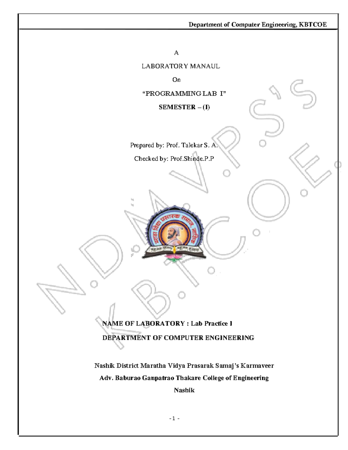 **Title:** Laboratory Manual for Programming Lab I (Semester I) - High ...