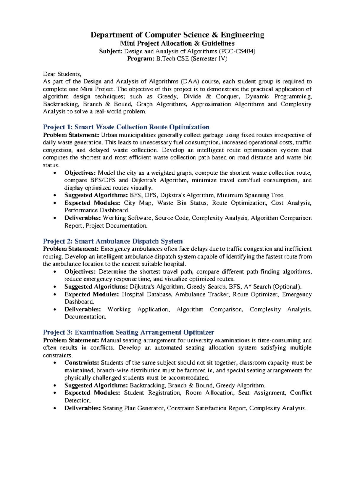 Mini Project Guidelines for DAA - CSE B.Tech (Sem IV) - Studocu