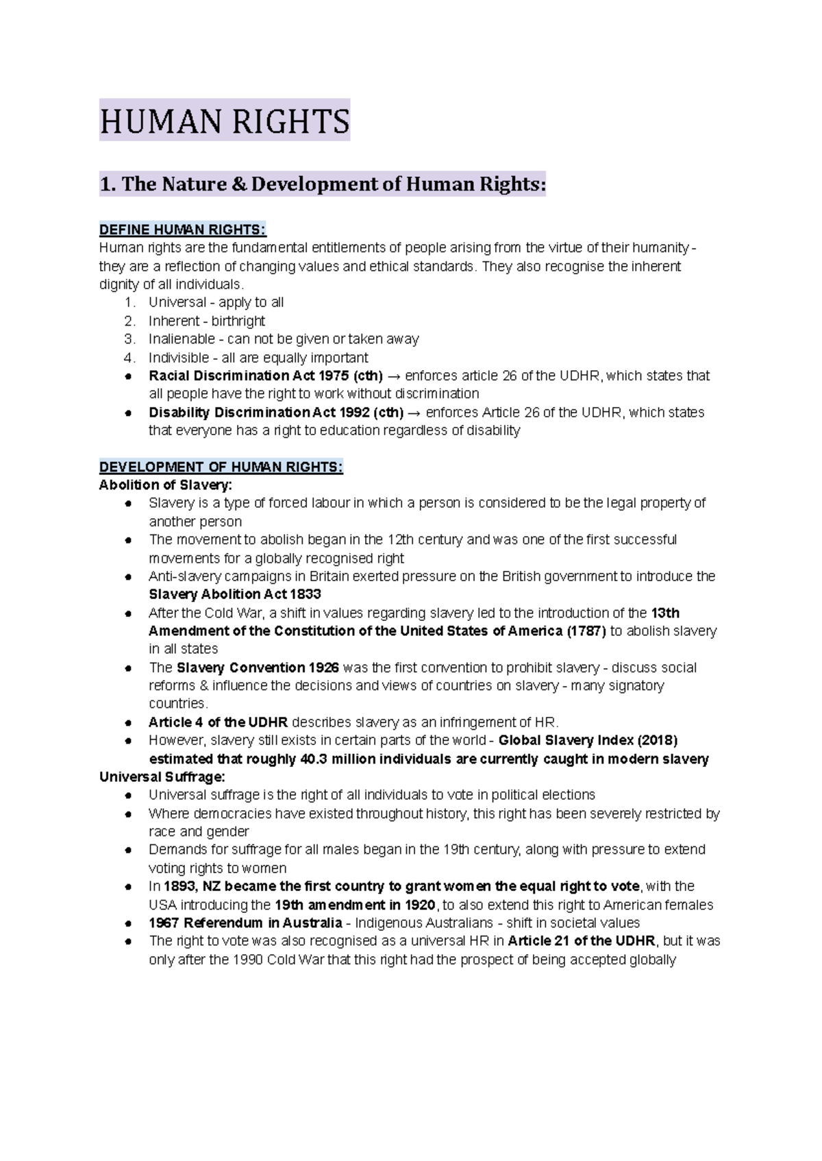 HSC Legal Studies - Comprehensive Human Rights Notes - Studocu