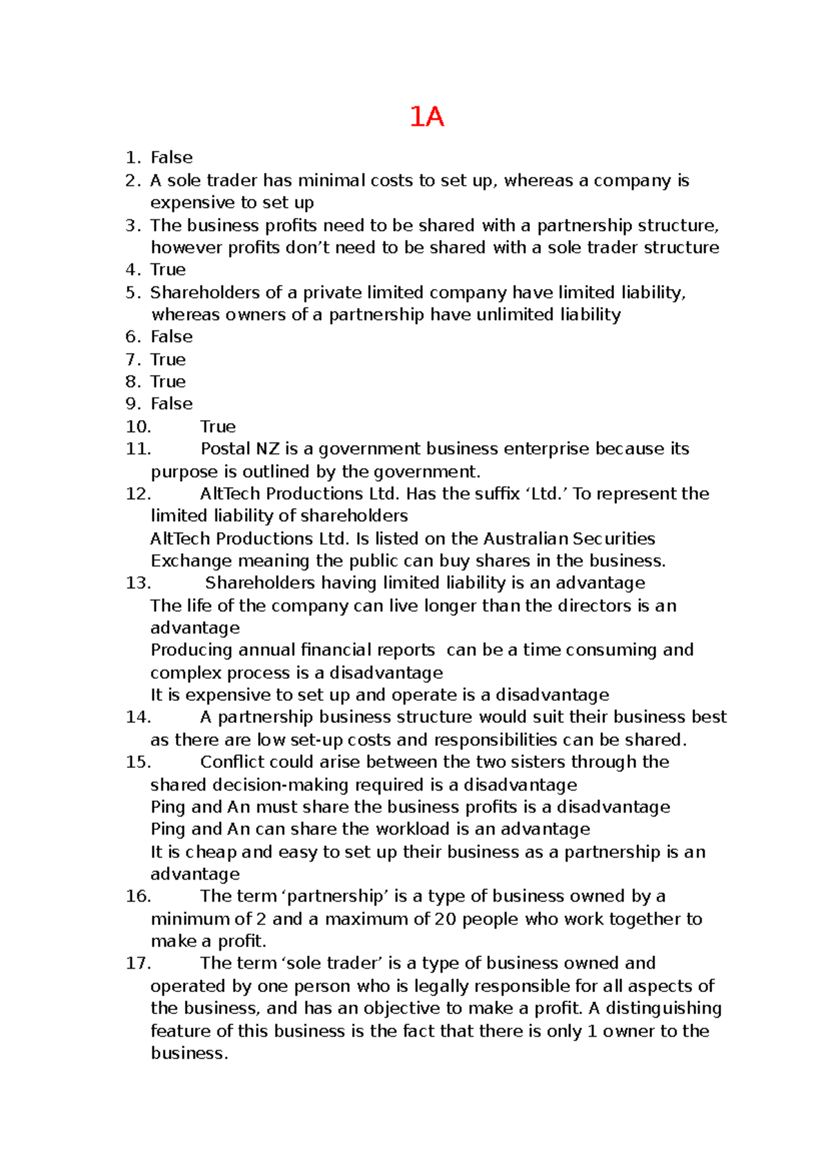 Business Management Questions: 1A, 1B, 1C Overview - Studocu