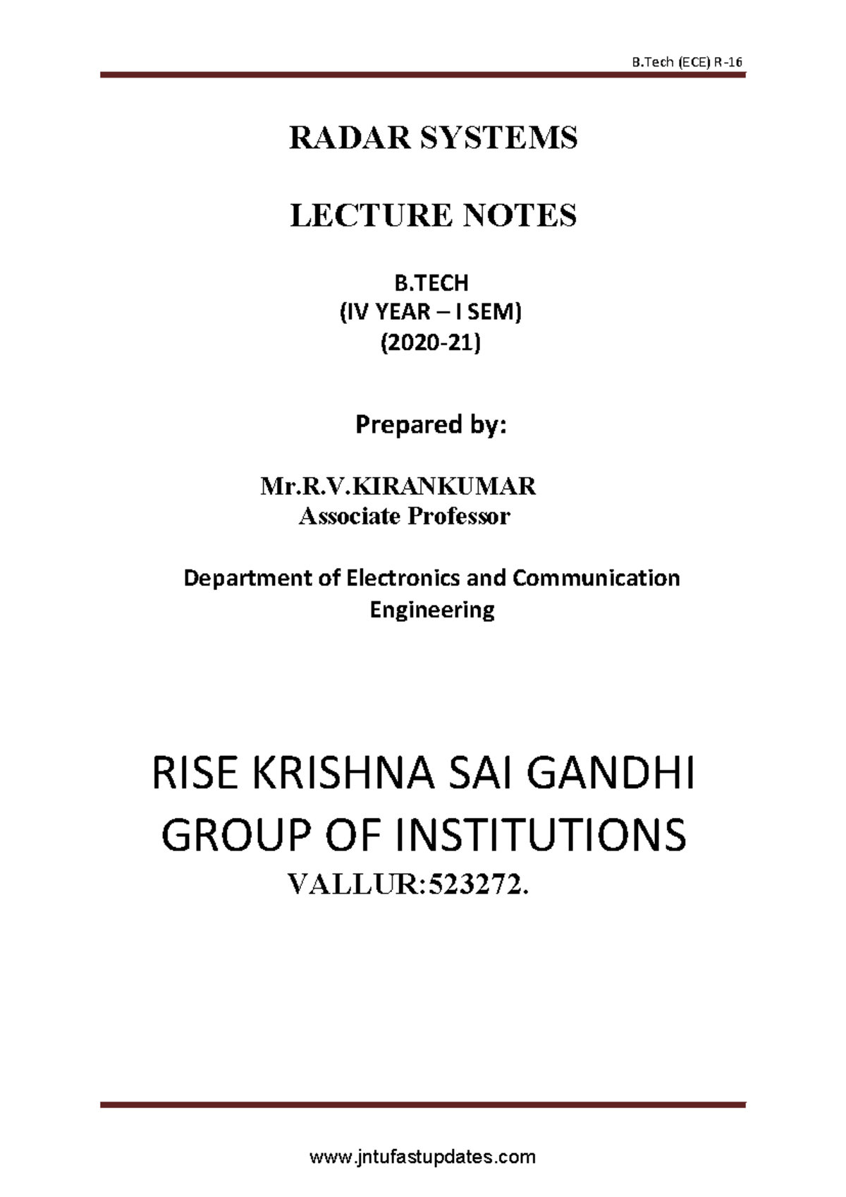 B.Tech (ECE) R16 Radar Systems Lecture Notes - Unit 1 Overview - Studocu