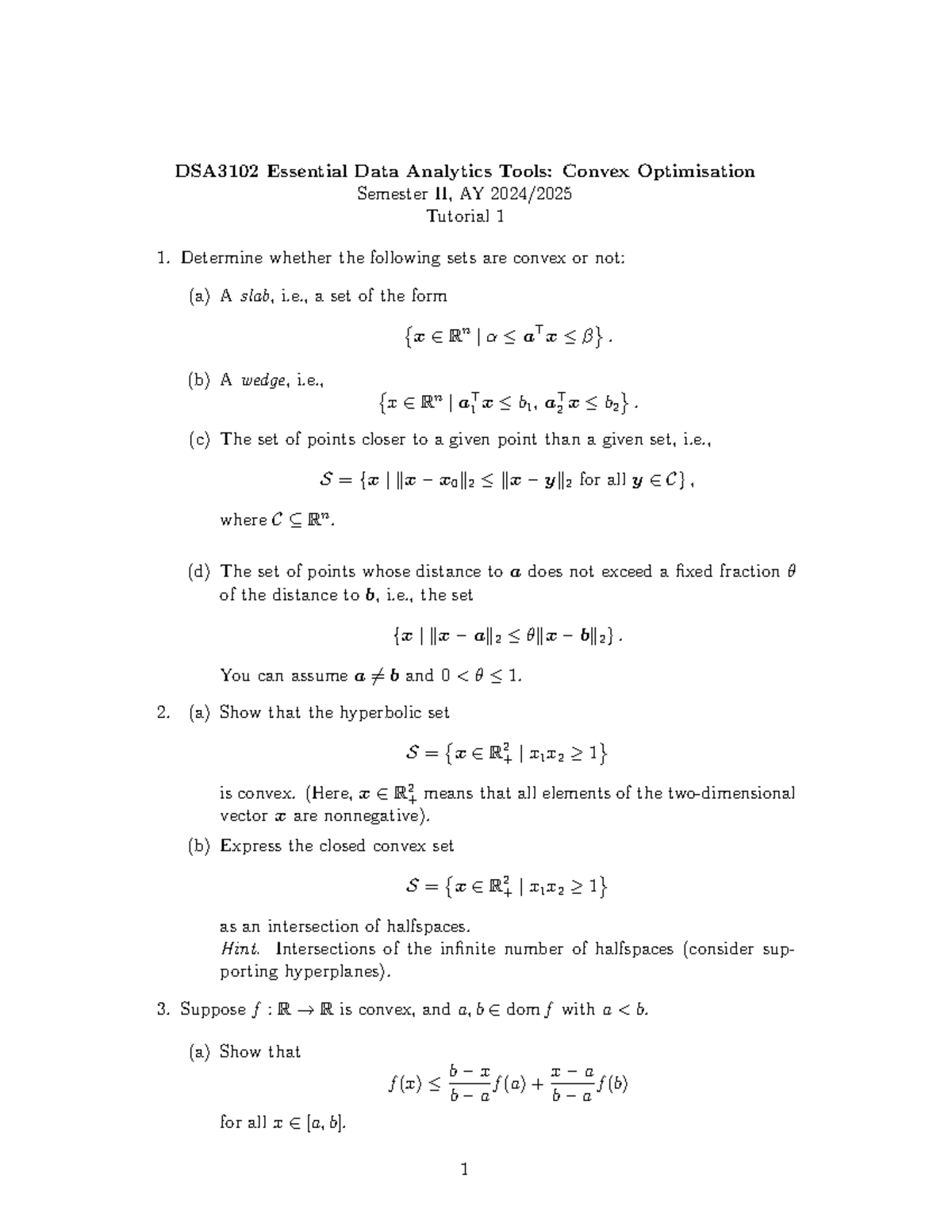 DSA3102 Tutorial 1 Solutions: Convex Sets and Functions Analysis - Studocu