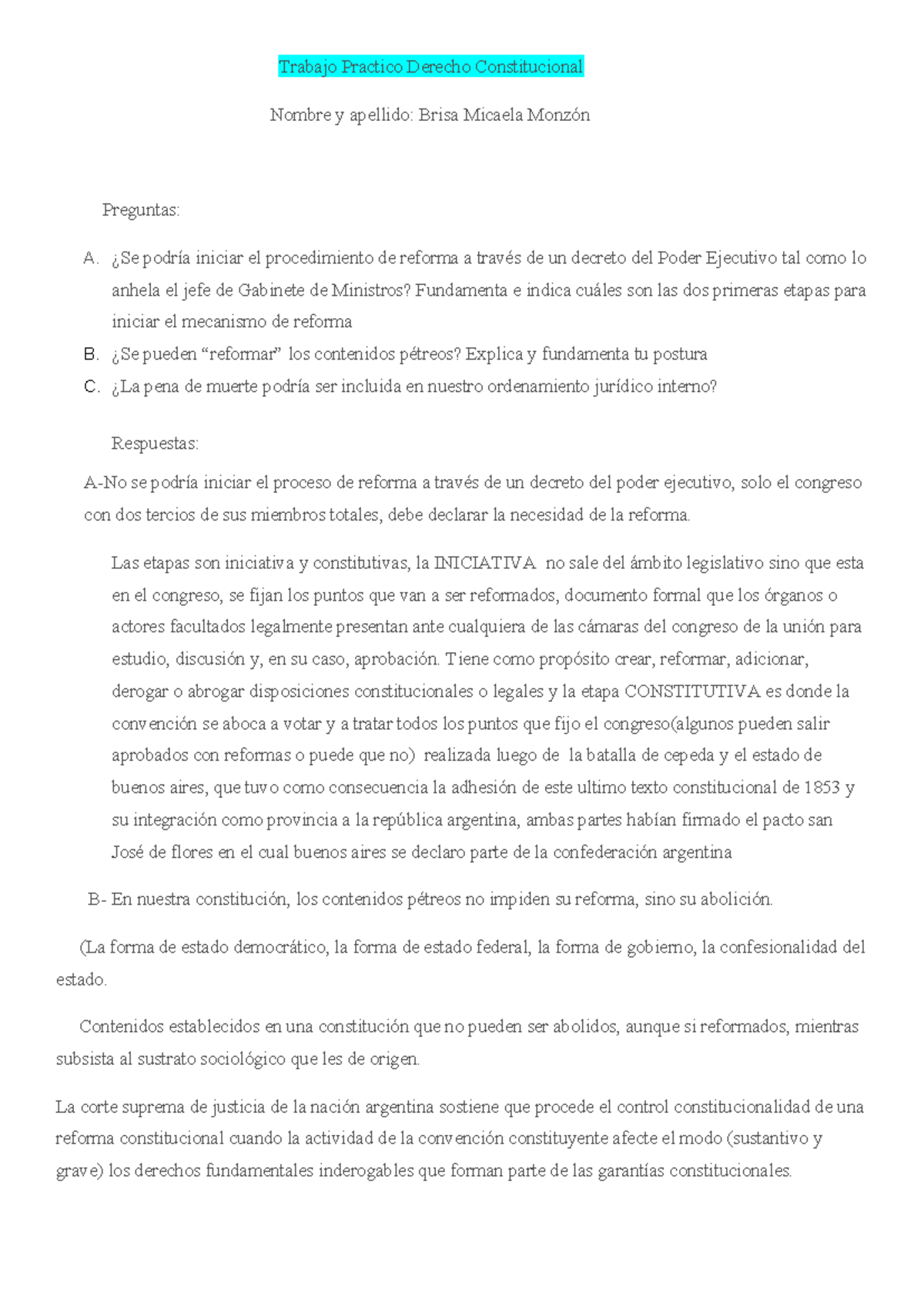 Trabajo Práctico: Derecho Constitucional - Análisis y Respuestas - Studocu