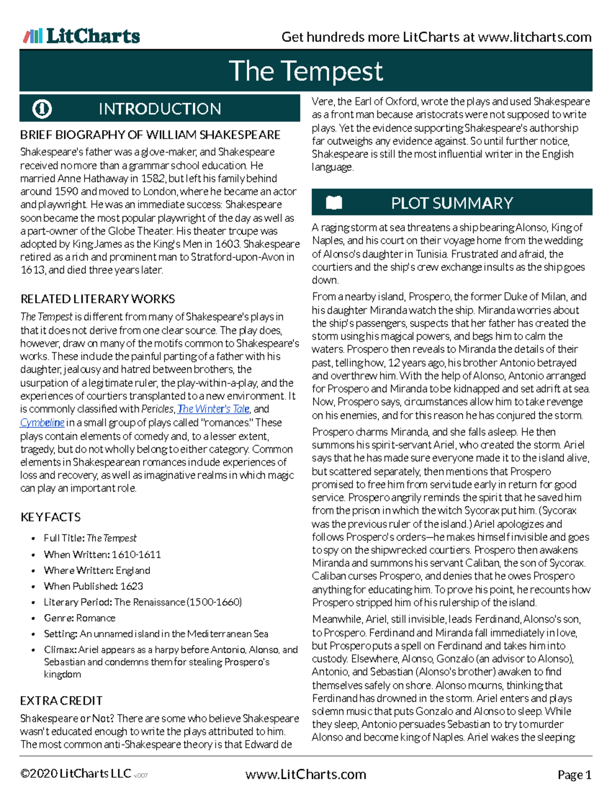 The Tempest (ENG 101) Literary Analysis Chart and Key Themes - Studocu
