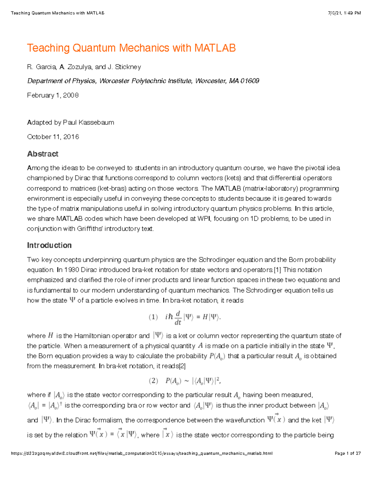 Teaching Quantum Mechanics with MATLAB (PH 2010) - A Practical Guide ...