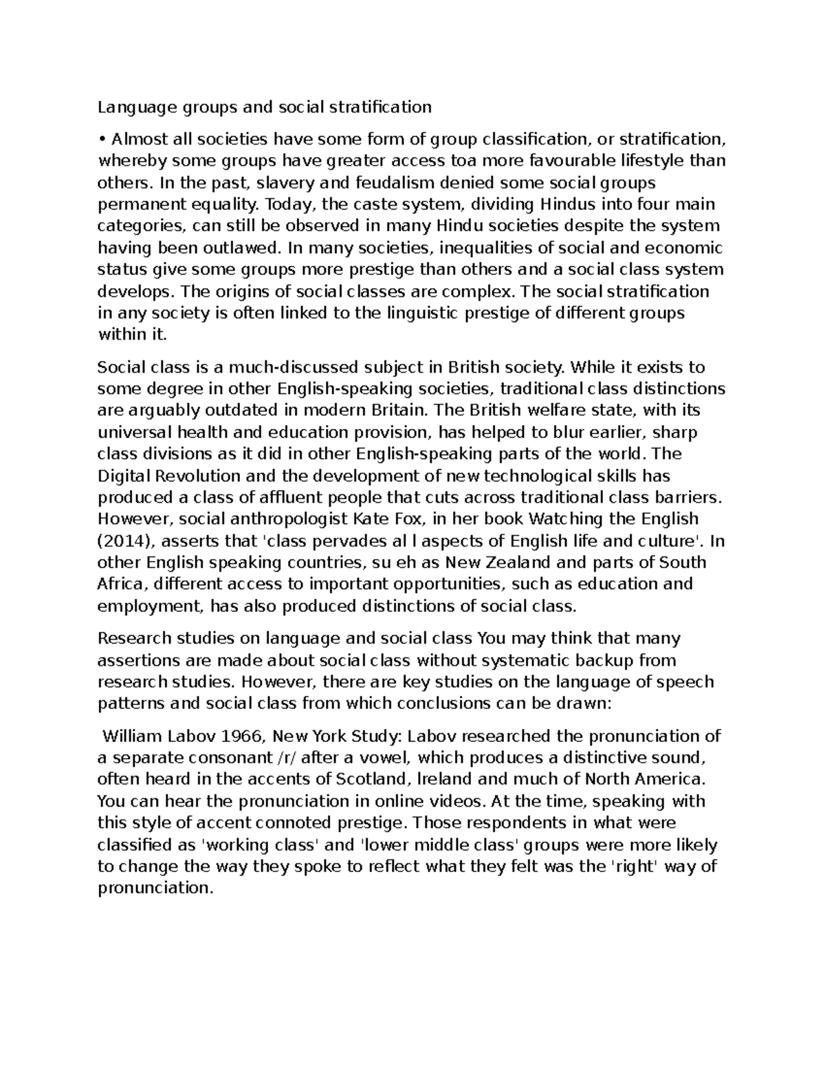 Language Groups and Social Stratification: Insights and Studies - Studocu