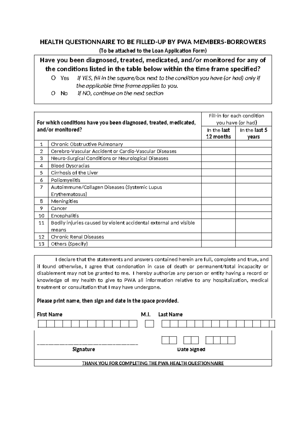 PWA Health Questionnaire Form - HEALTH QUESTIONNAIRE TO BE FILLED-UP BY ...