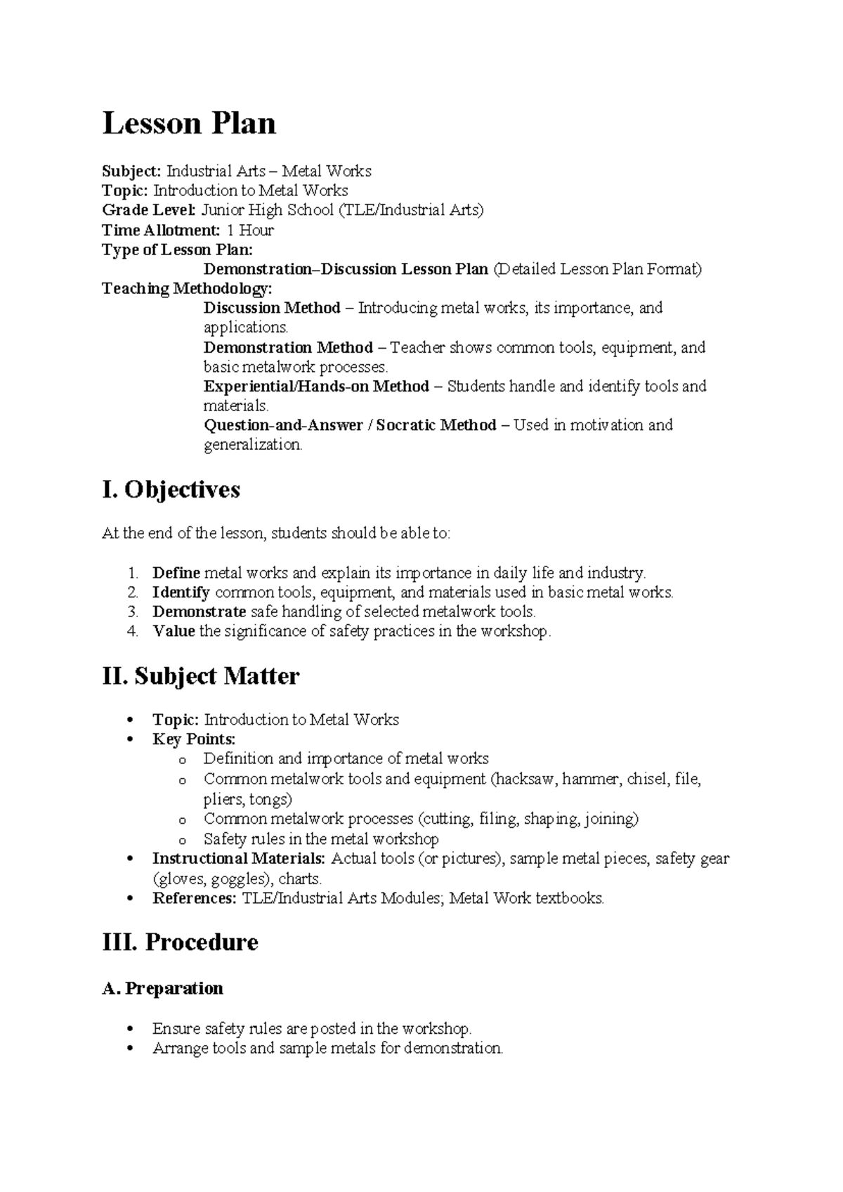 TLE-211 Lesson Plan: Intro to Metal Works for Junior High - Studocu