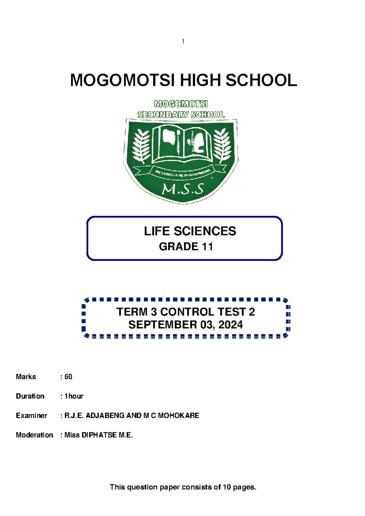 Grade 11 Life Sciences Control Test 3 September 2024 (60 Marks) - Studocu