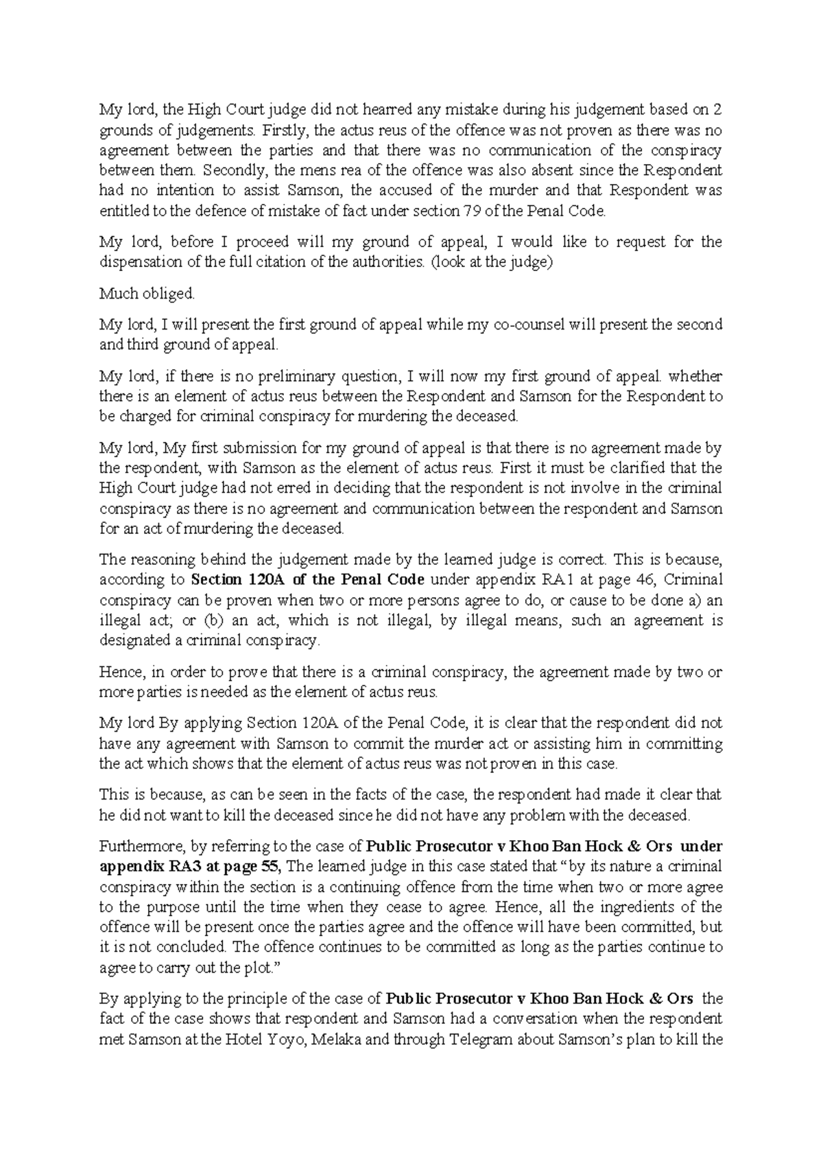 Mooting Script for Criminal Conspiracy Case Study: Actus Reus & Mens ...