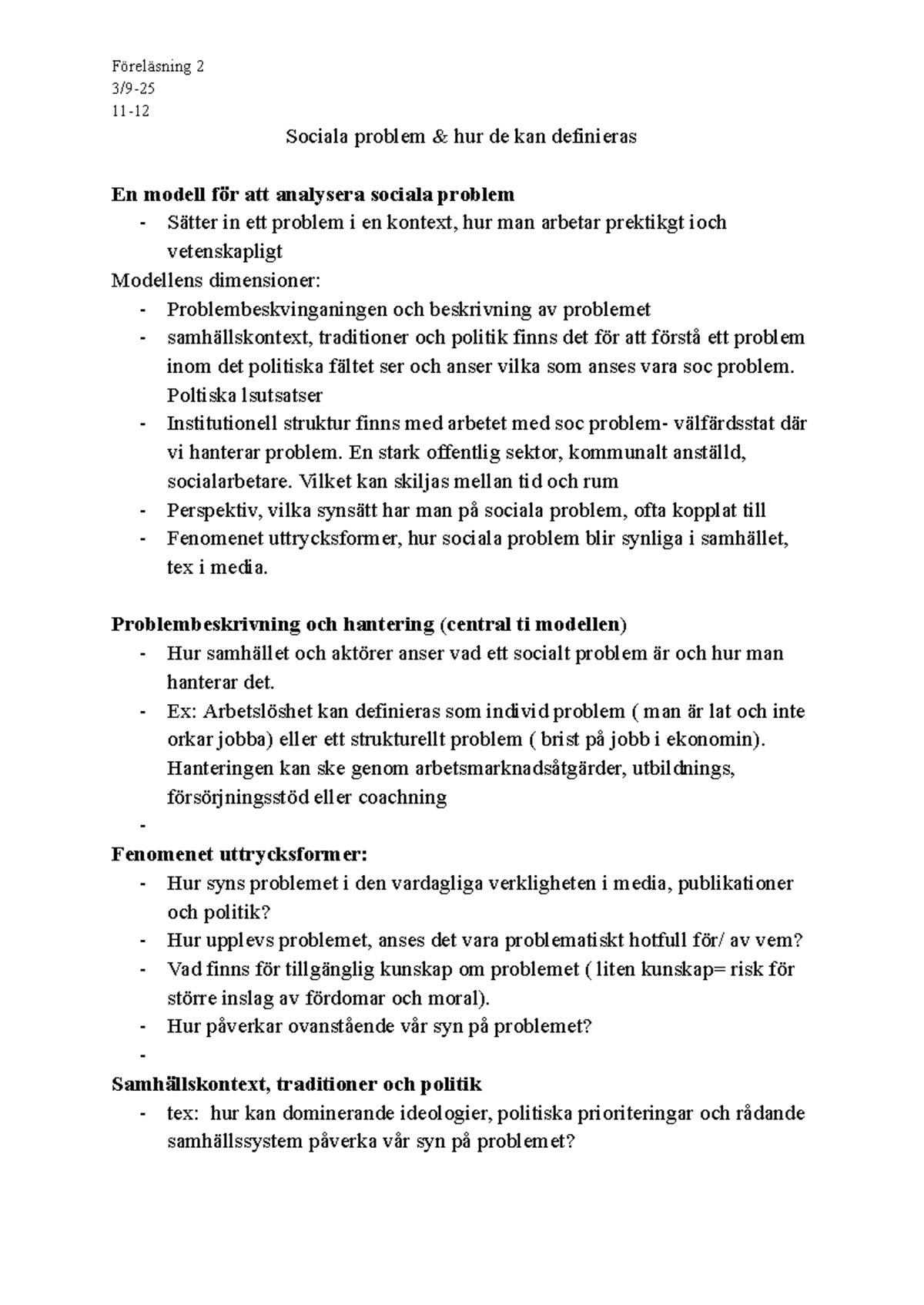 Föreläsning 2: Analys av Sociala Problem och Deras Definitioner - Studocu