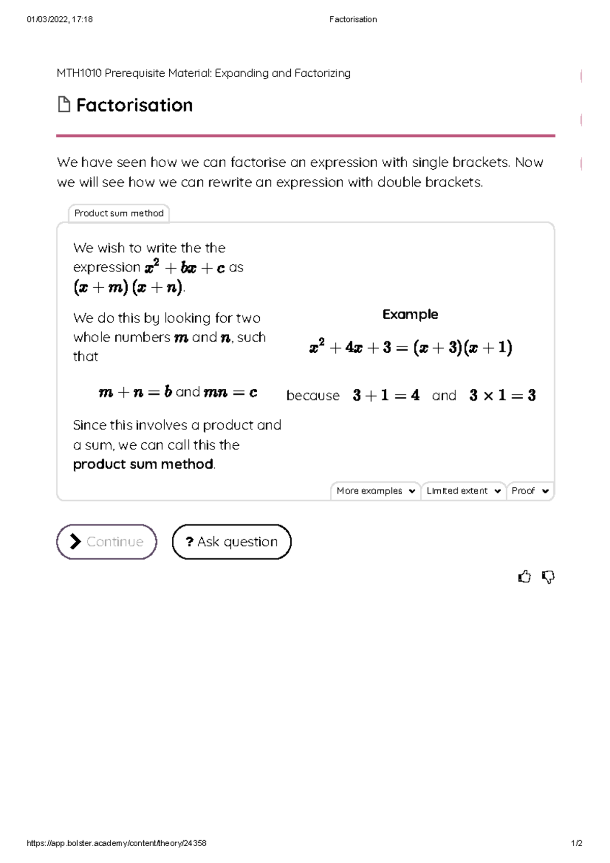 Factorisation - notes - 01/03/2022, 17:18 Factorisation app.bolster ...