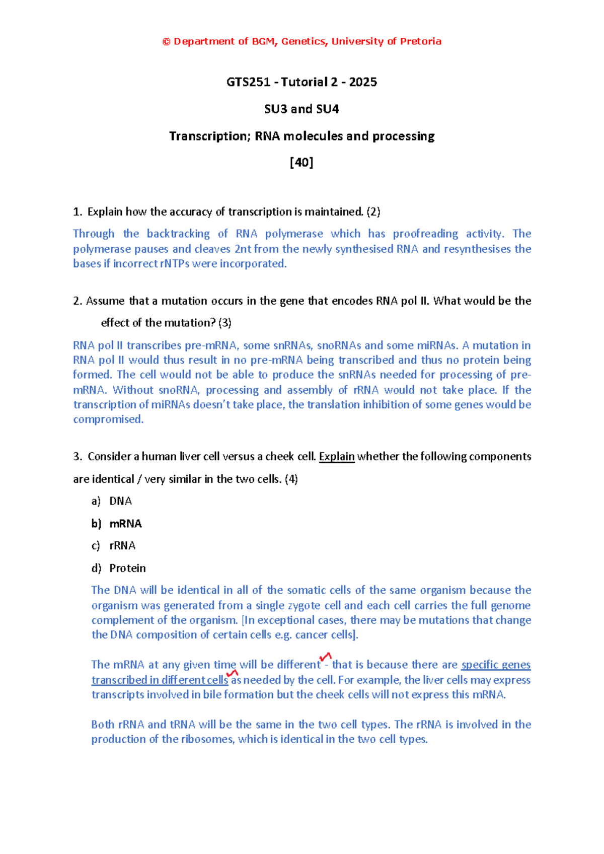 Tutorial 2 Assignment GTS251 Memo: RNA Processing & Transcription ...