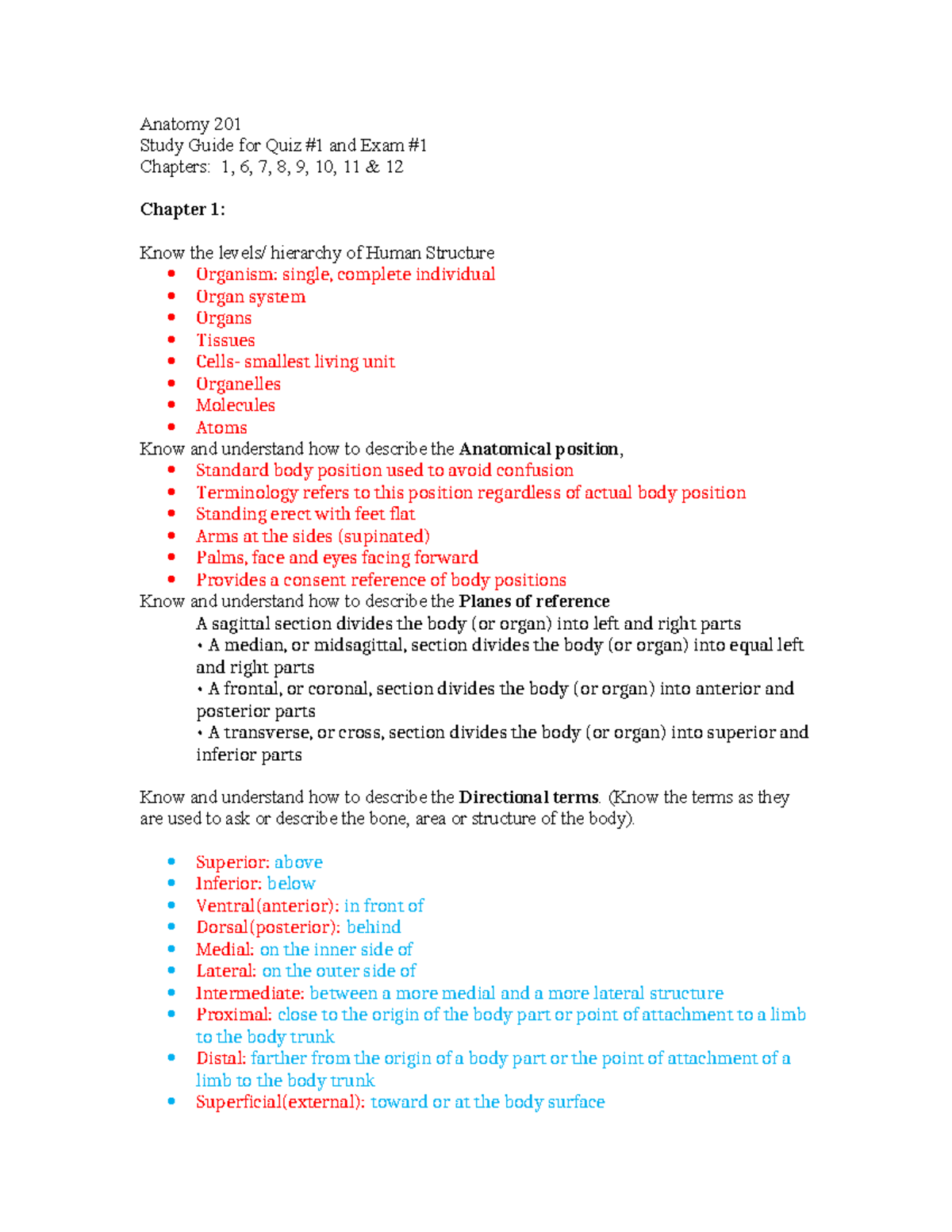 Study Guide for Quiz 1 and Exam 1 - Anatomy 201 Study Guide for Quiz #1 ...