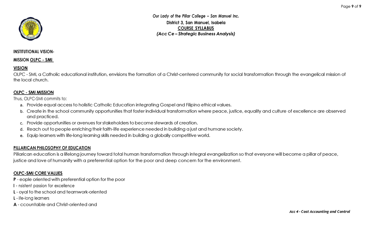 Acc 4 Cost Accounting and Control: Course Syllabus Overview - Studocu