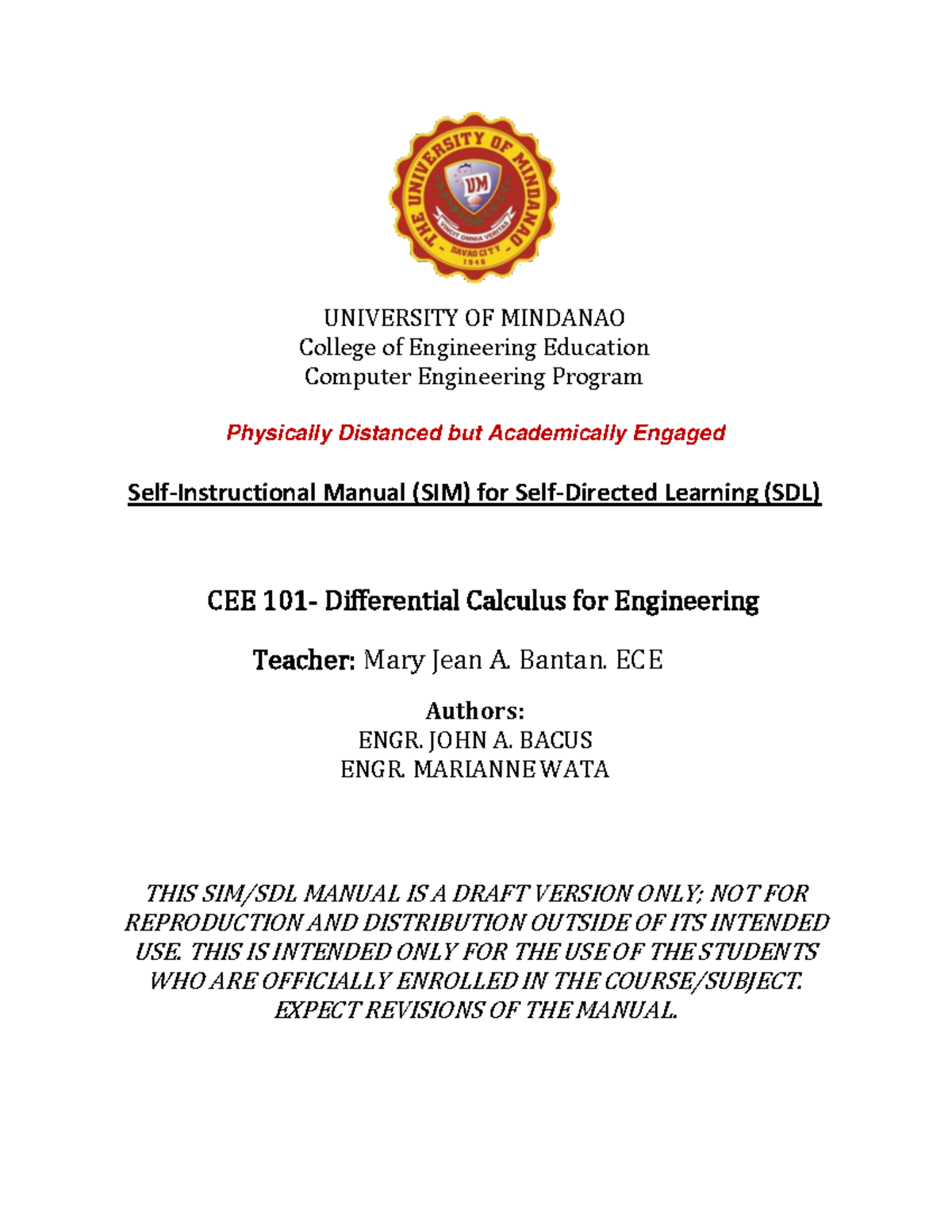 CEE 101 Differential Calculus for Engineering: Student Instruction ...