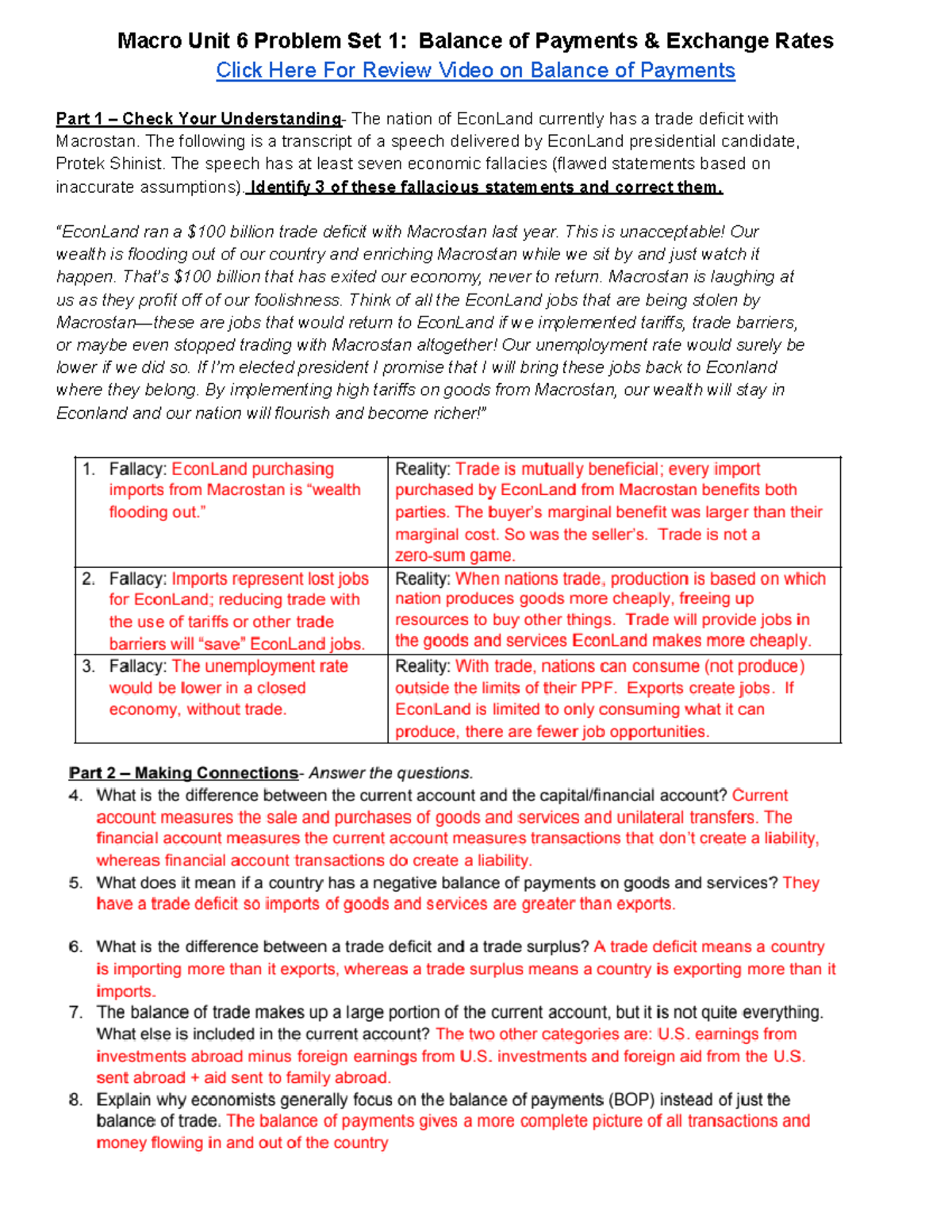 01. KEY Macro Unit 6 Problem Set 1: Balance of Payments & Exchange ...
