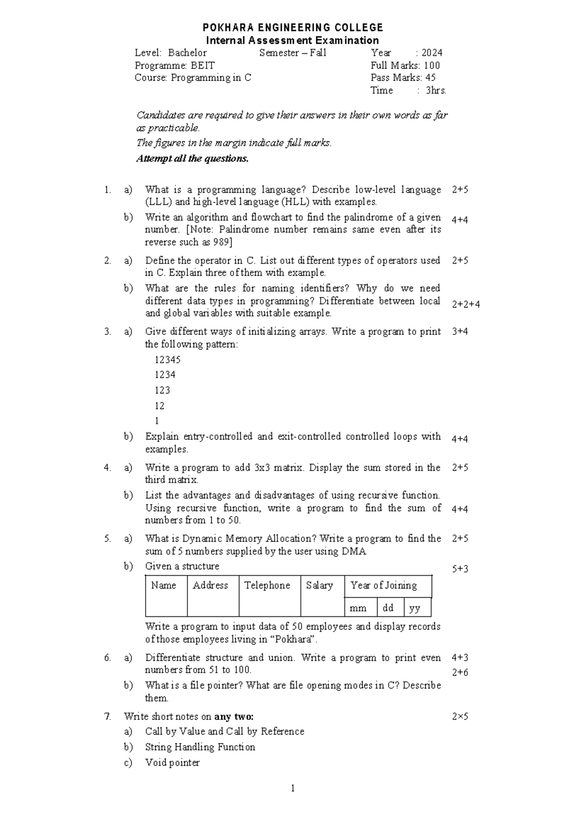 C 2081 Internal Assessment: Programming in C Exam Guide - Studocu