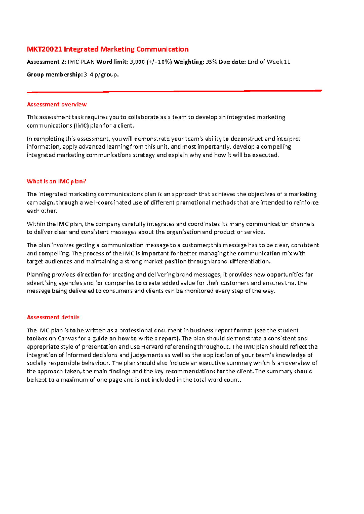 Mkt2002 1 imc plan 2023 - IMC requirements - MKT 20021 Integrated ...